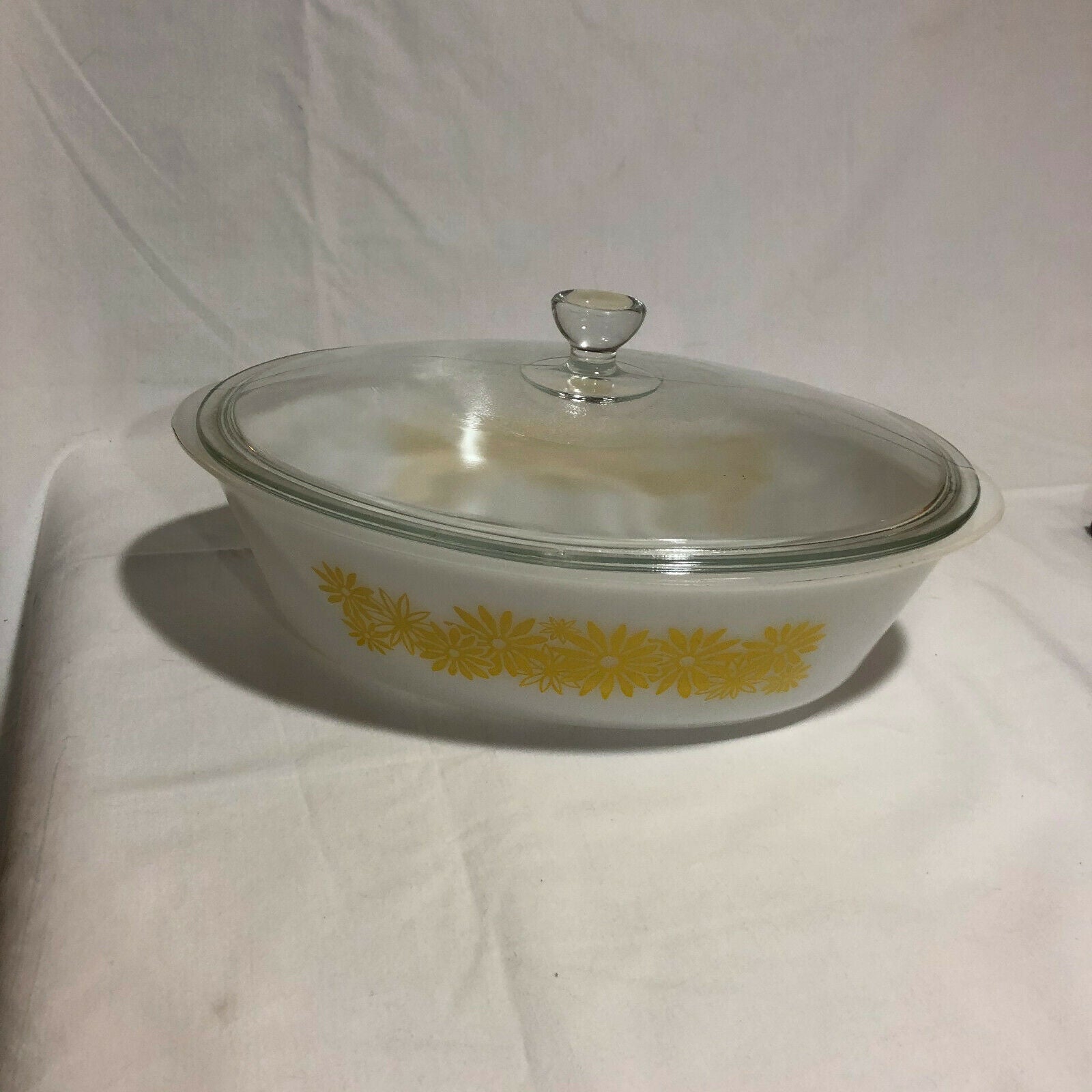 Vintage Amber Glass Casserole Dish With Yellow Flowers 