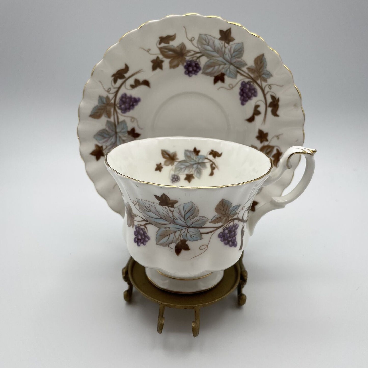 Vintage Royal Albert Tea Cup and Saucer with Grapes & Blue/Brown Leaves - Nostalgia 2 Now