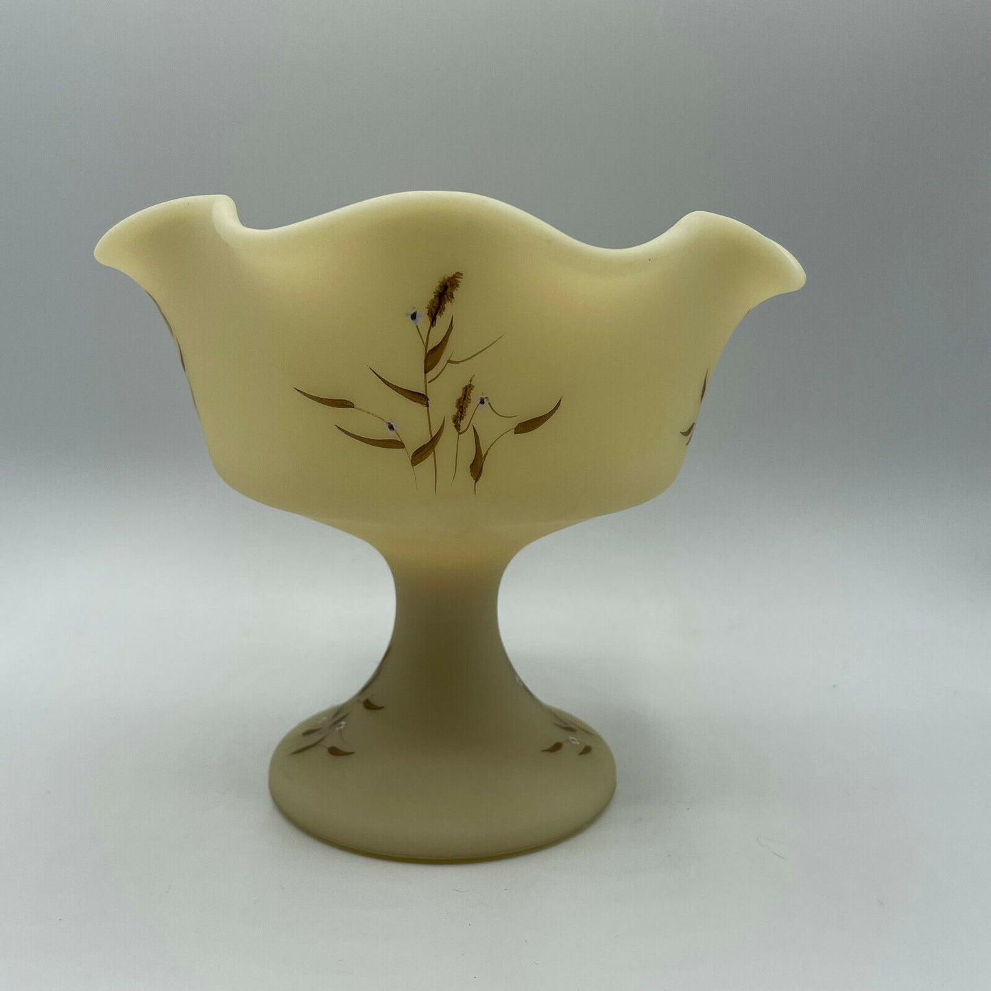 Vintage Fenton Satin Custard Signed Compote Wildflower Design - Nostalgia 2 Now