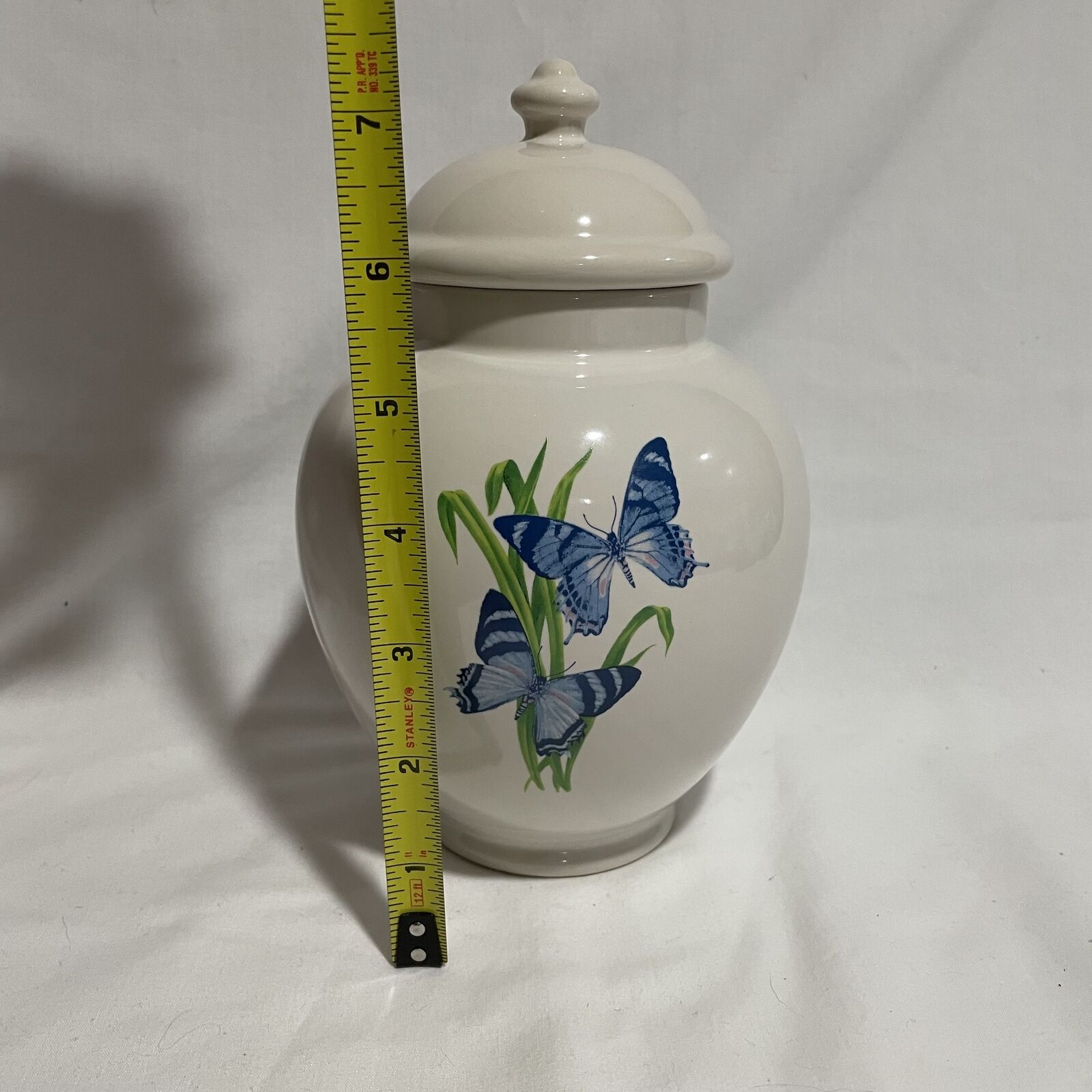 FTD White Ginger Jar Blue Butterflies Pattern 7.5" Tall - Nostalgia 2 Now