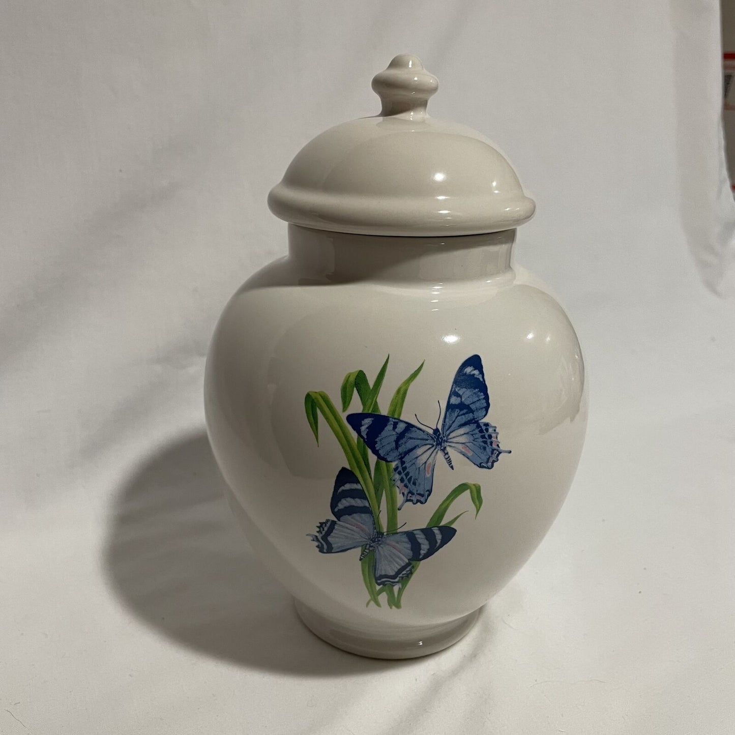 FTD White Ginger Jar Blue Butterflies Pattern 7.5" Tall - Nostalgia 2 Now