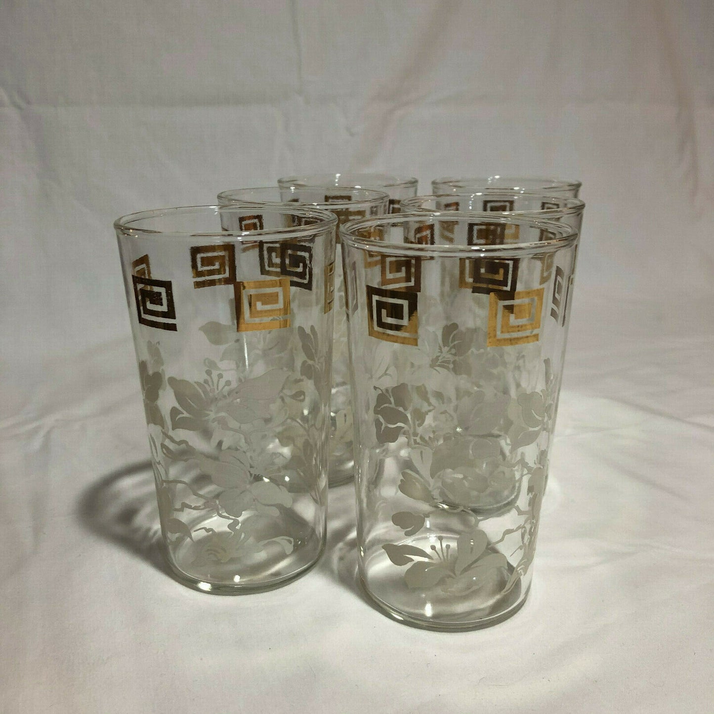 Anchor Hocking WHITE LEAVES & GOLD GRECIAN KEY Tumblers 5" Tall, set of 6 - Nostalgia 2 Now