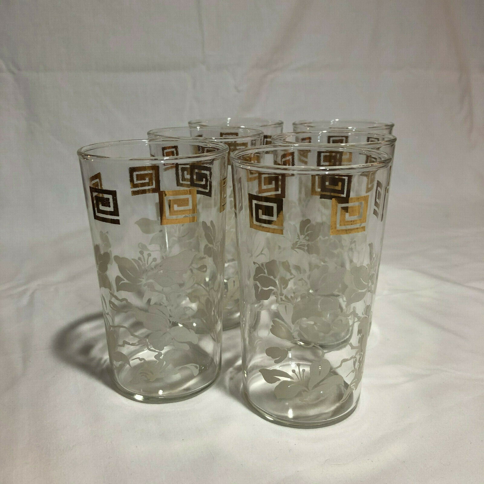 Anchor Hocking WHITE LEAVES & GOLD GRECIAN KEY Tumblers 5" Tall, set of 6 - Nostalgia 2 Now