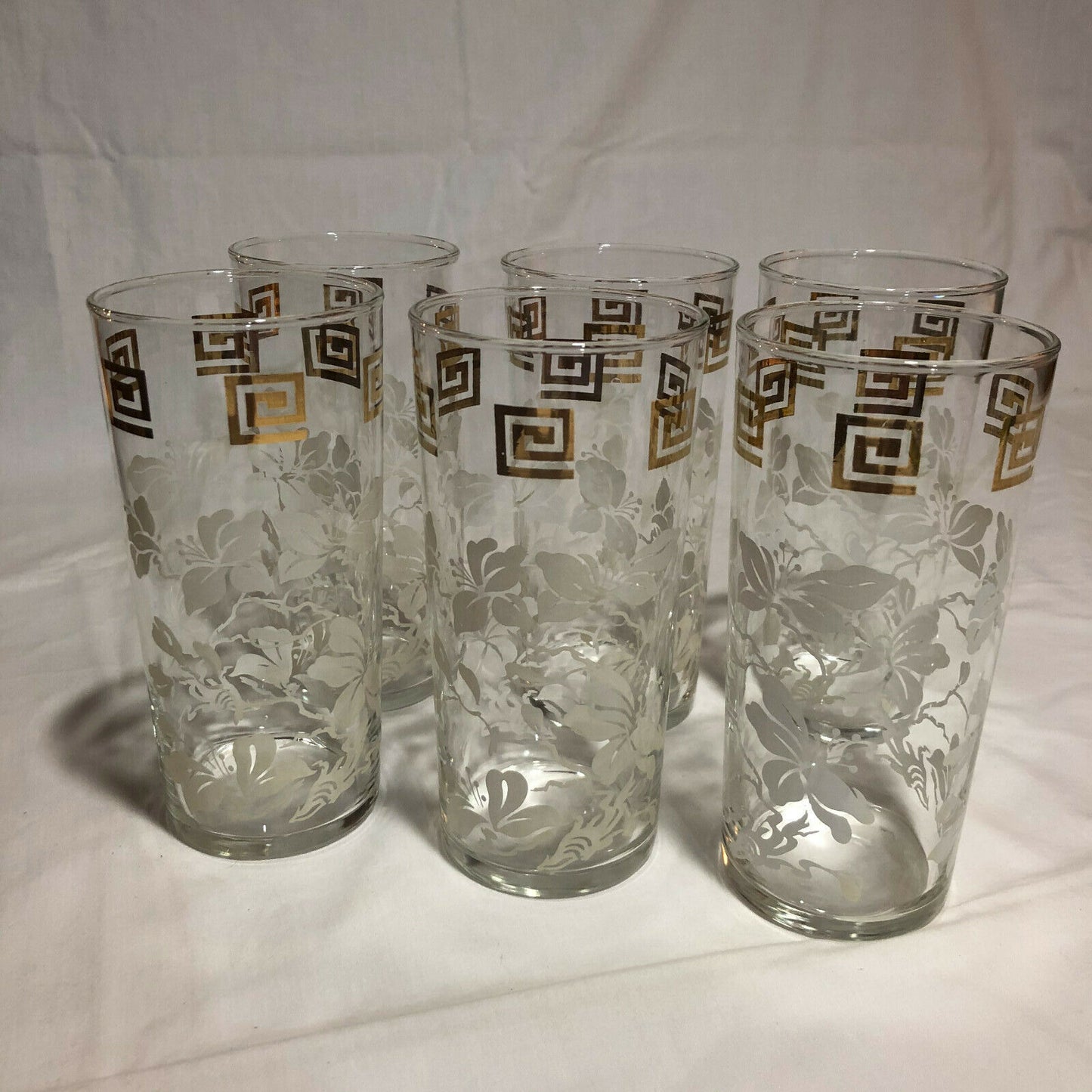 Anchor Hocking WHITE LEAVES & GOLD GRECIAN KEY Tumblers 6" Tall, set of 6 - Nostalgia 2 Now
