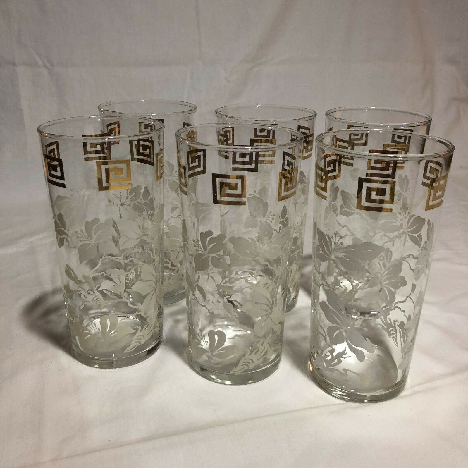 Anchor Hocking WHITE LEAVES & GOLD GRECIAN KEY Tumblers 6" Tall, set of 6 - Nostalgia 2 Now