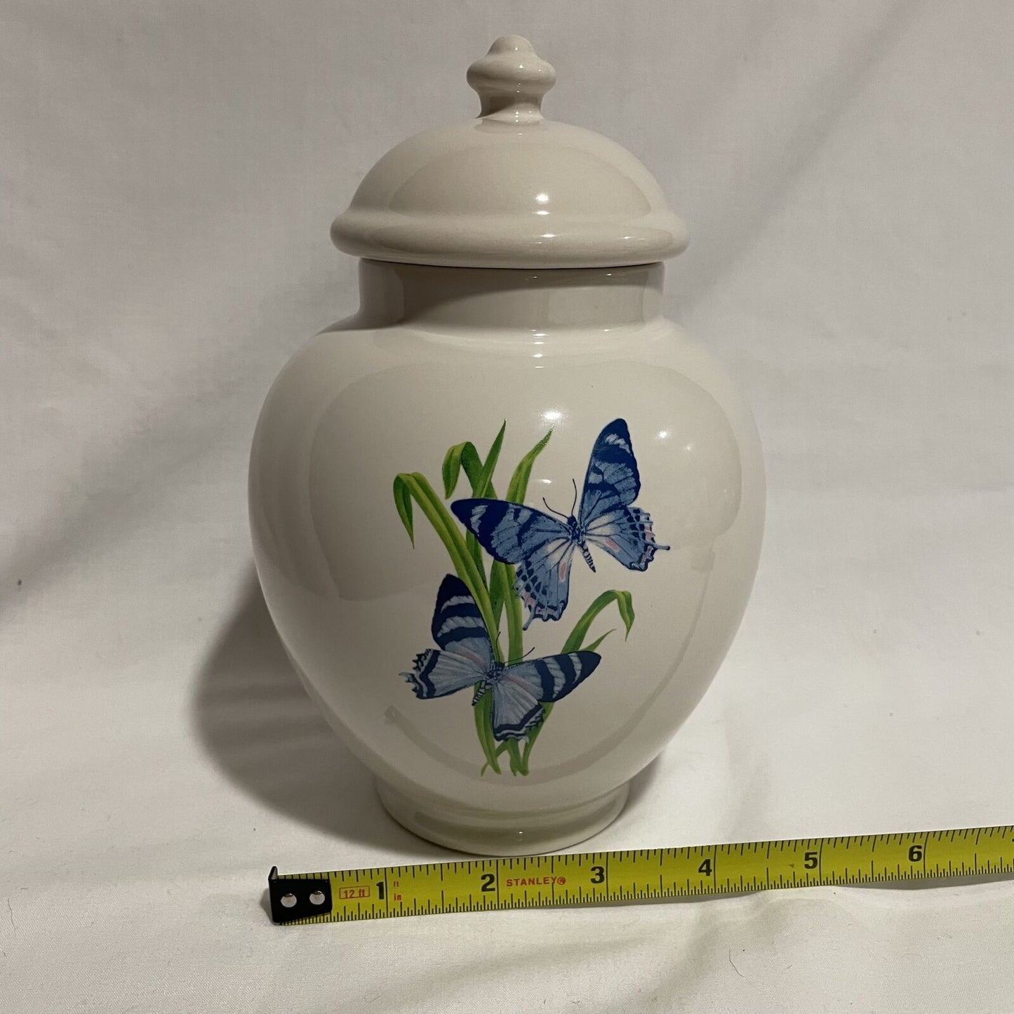 FTD White Ginger Jar Blue Butterflies Pattern 7.5" Tall - Nostalgia 2 Now