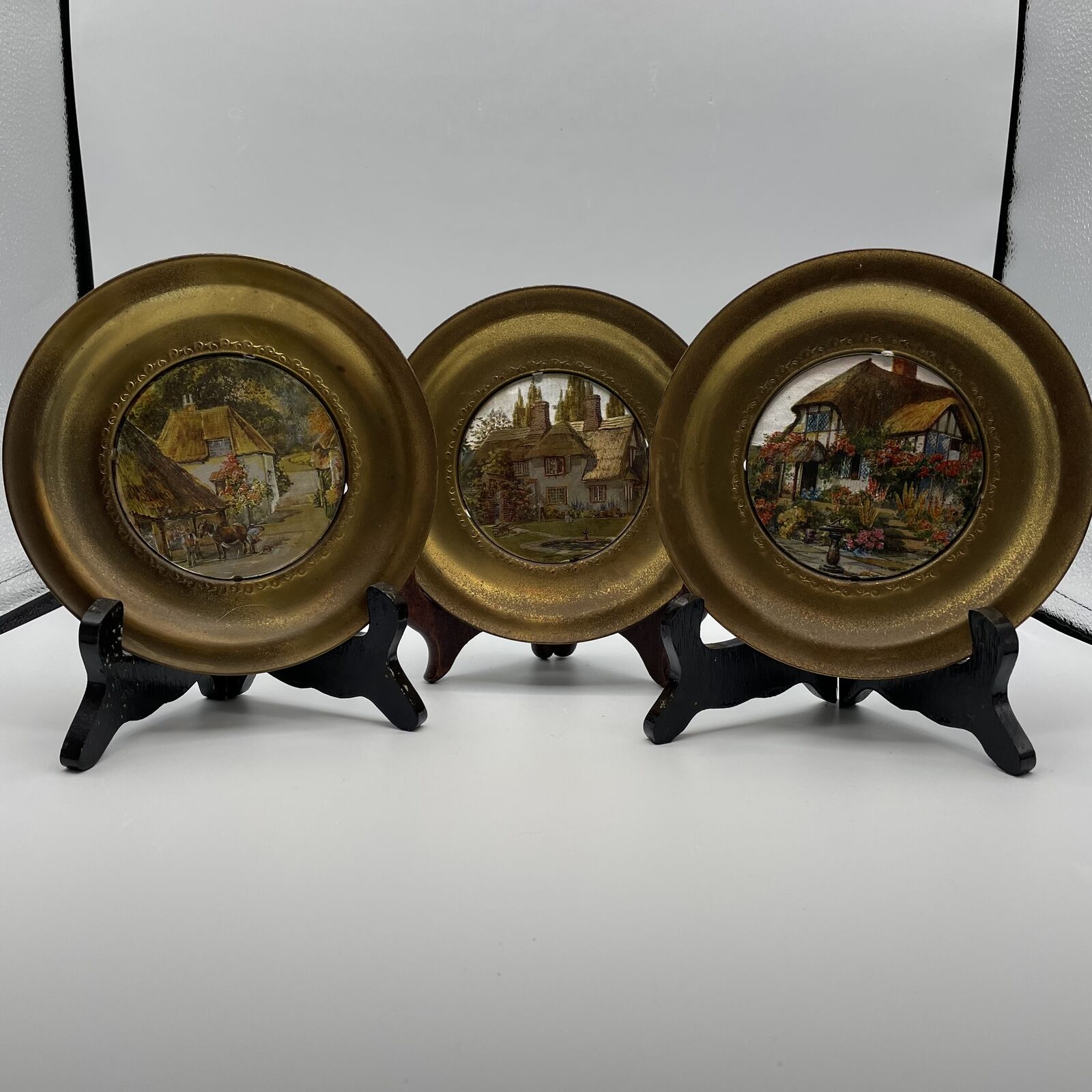 Vintage England Wall Plates Brass Frames with Foil Cottages Pictures - Nostalgia 2 Now