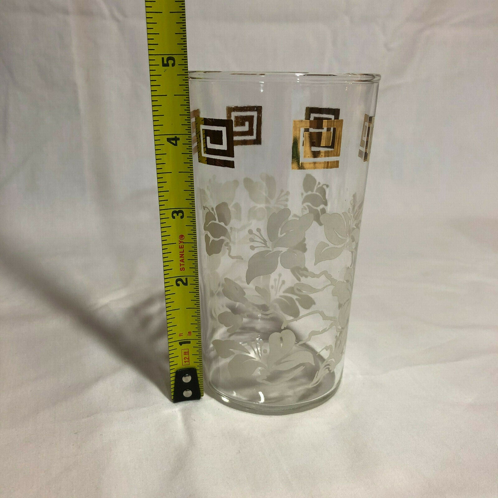 Anchor Hocking WHITE LEAVES & GOLD GRECIAN KEY Tumblers 5" Tall, set of 6 - Nostalgia 2 Now