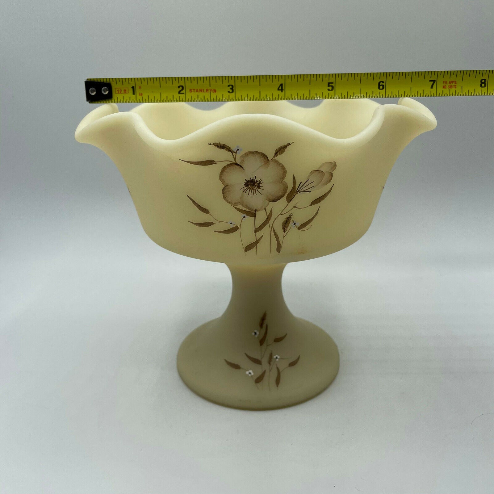 Vintage Fenton Satin Custard Signed Compote Wildflower Design - Nostalgia 2 Now