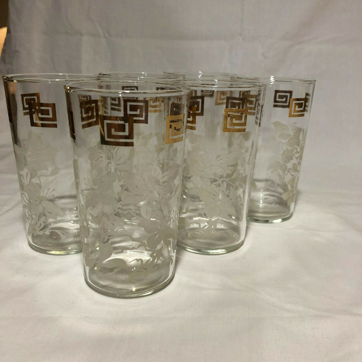 Anchor Hocking WHITE LEAVES & GOLD GRECIAN KEY Tumblers 5" Tall, set of 6 - Nostalgia 2 Now