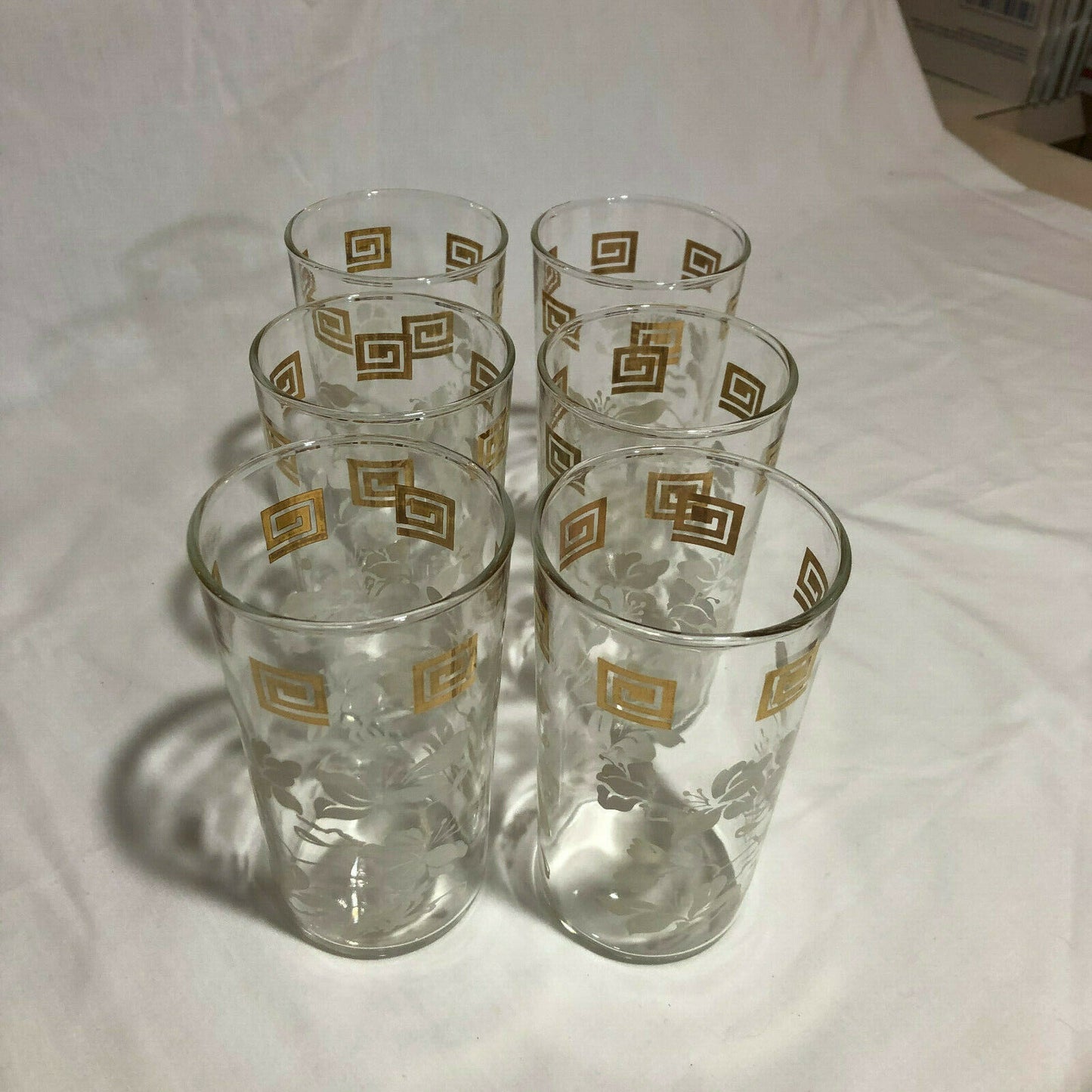 Anchor Hocking WHITE LEAVES & GOLD GRECIAN KEY Tumblers 5" Tall, set of 6 - Nostalgia 2 Now