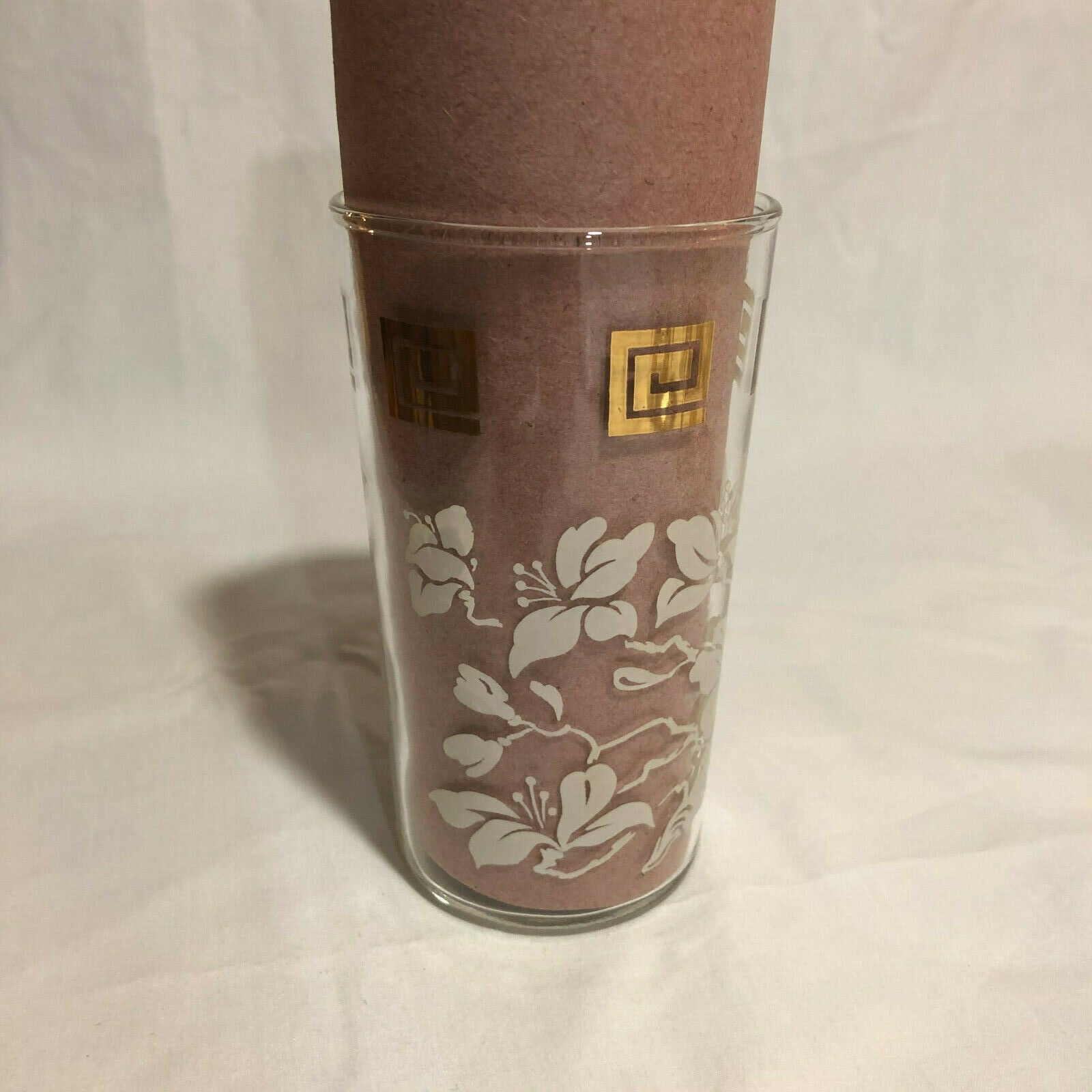 Anchor Hocking WHITE LEAVES & GOLD GRECIAN KEY Tumblers 5" Tall, set of 6 - Nostalgia 2 Now