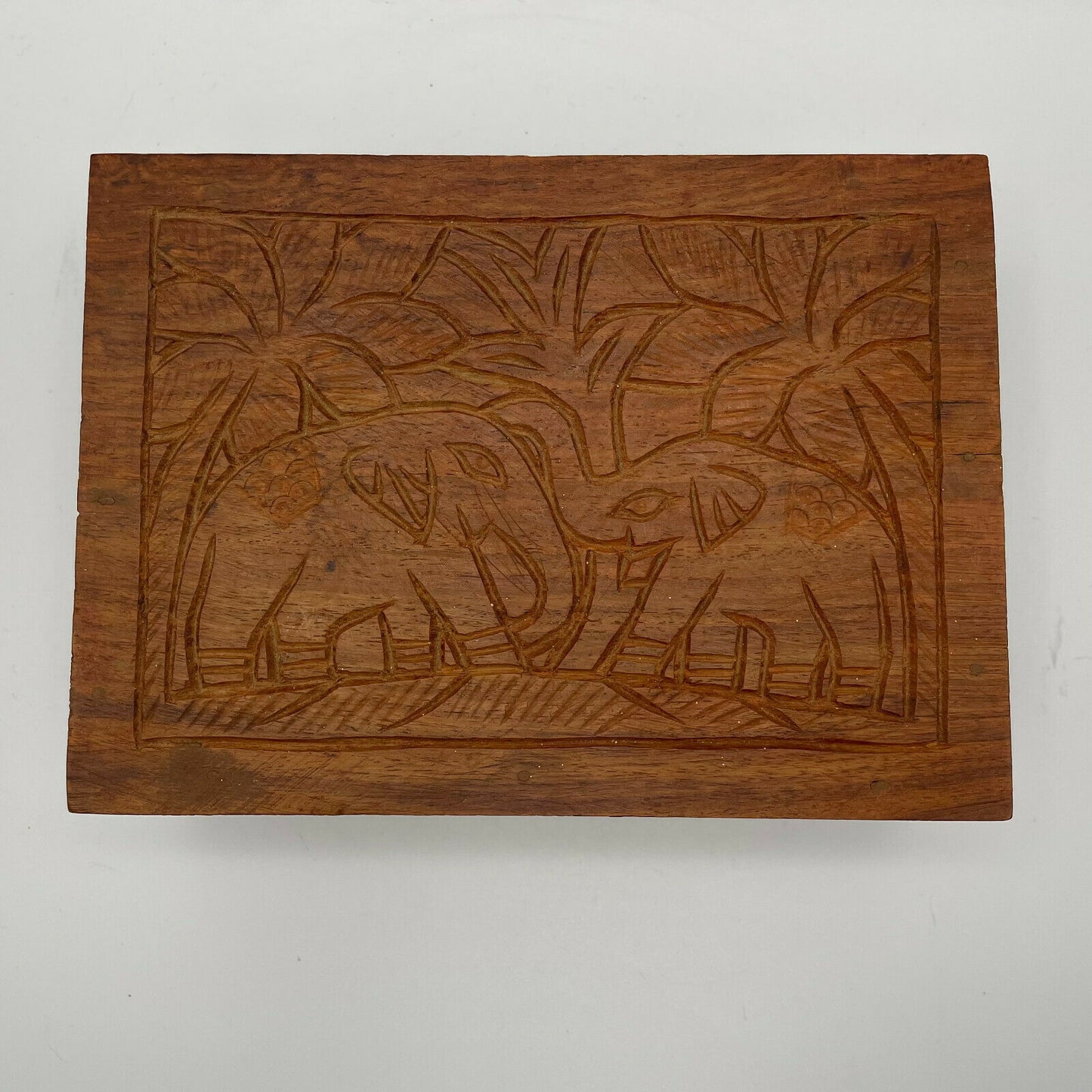 Vintage India Hand Carved Wood Box-Elephants & Palm Trees - Nostalgia 2 Now