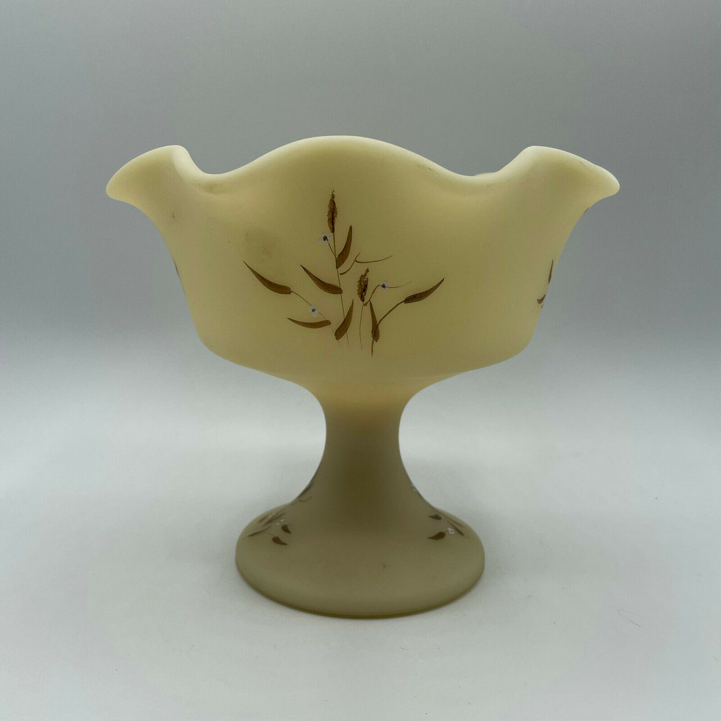 Vintage Fenton Satin Custard Signed Compote Wildflower Design - Nostalgia 2 Now