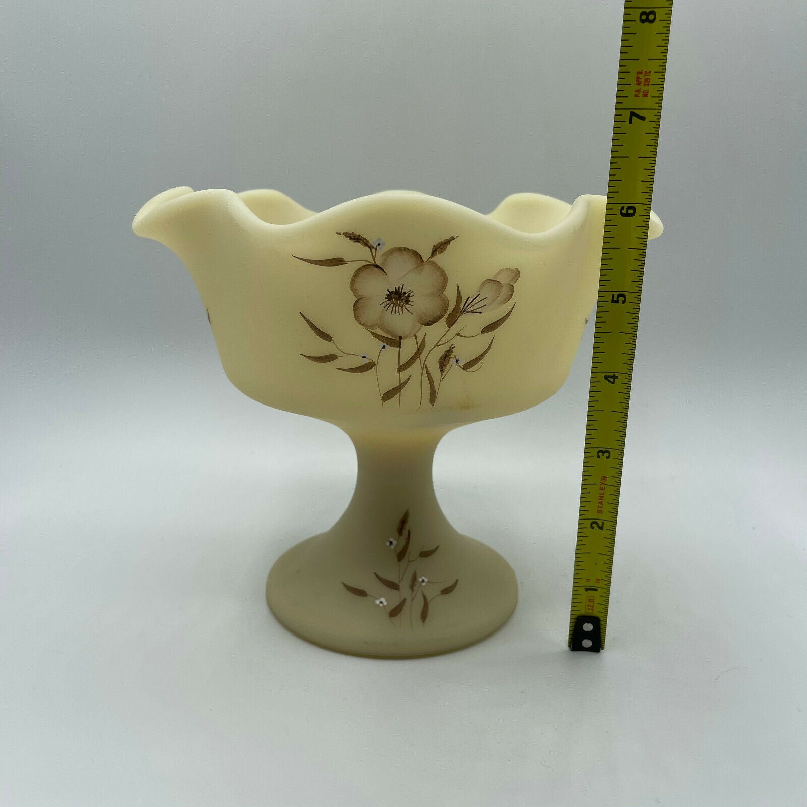 Vintage Fenton Satin Custard Signed Compote Wildflower Design - Nostalgia 2 Now