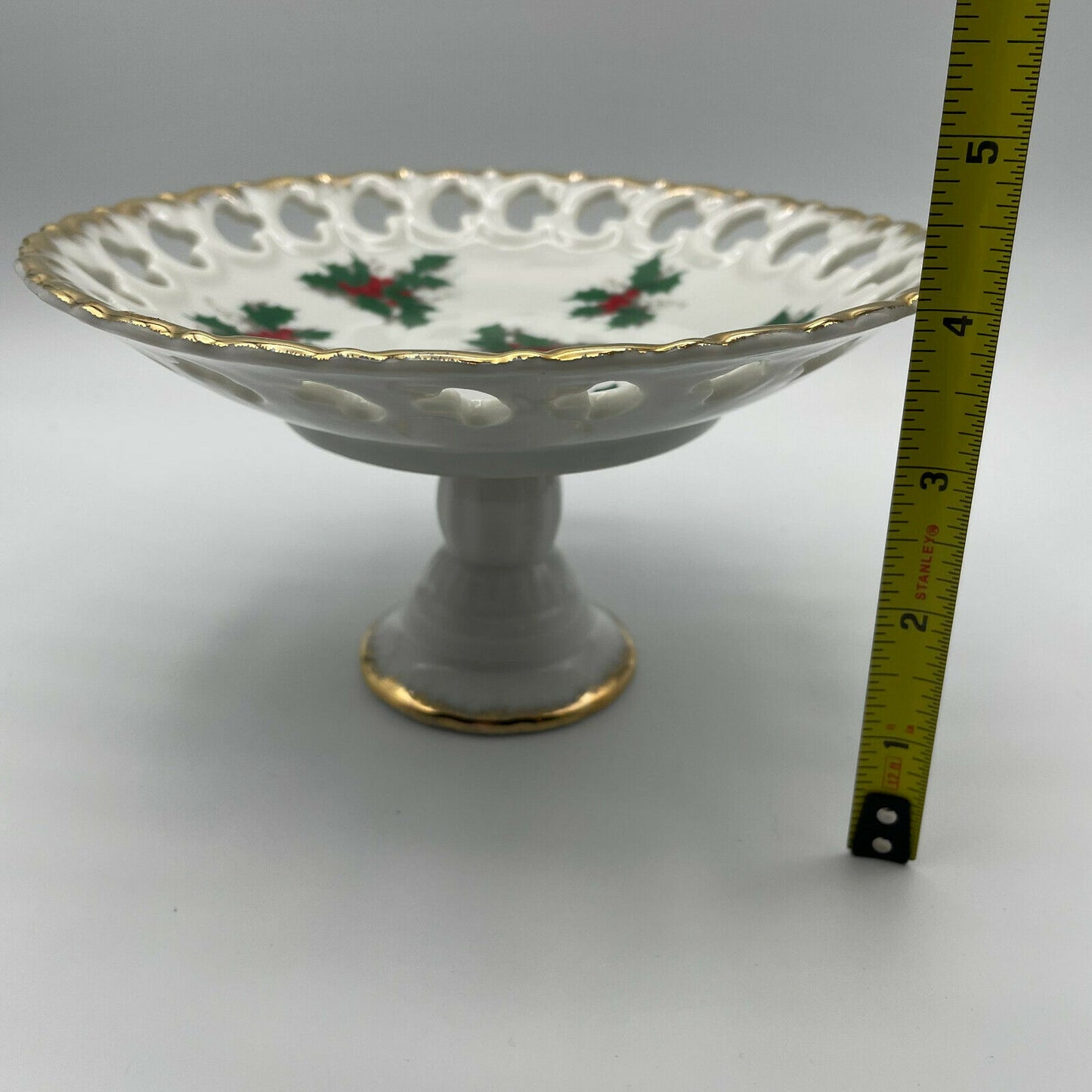 Vintage Lefton Candy Compote Pedestal White Holly Berries With Gold Trim #7807 - Nostalgia 2 Now