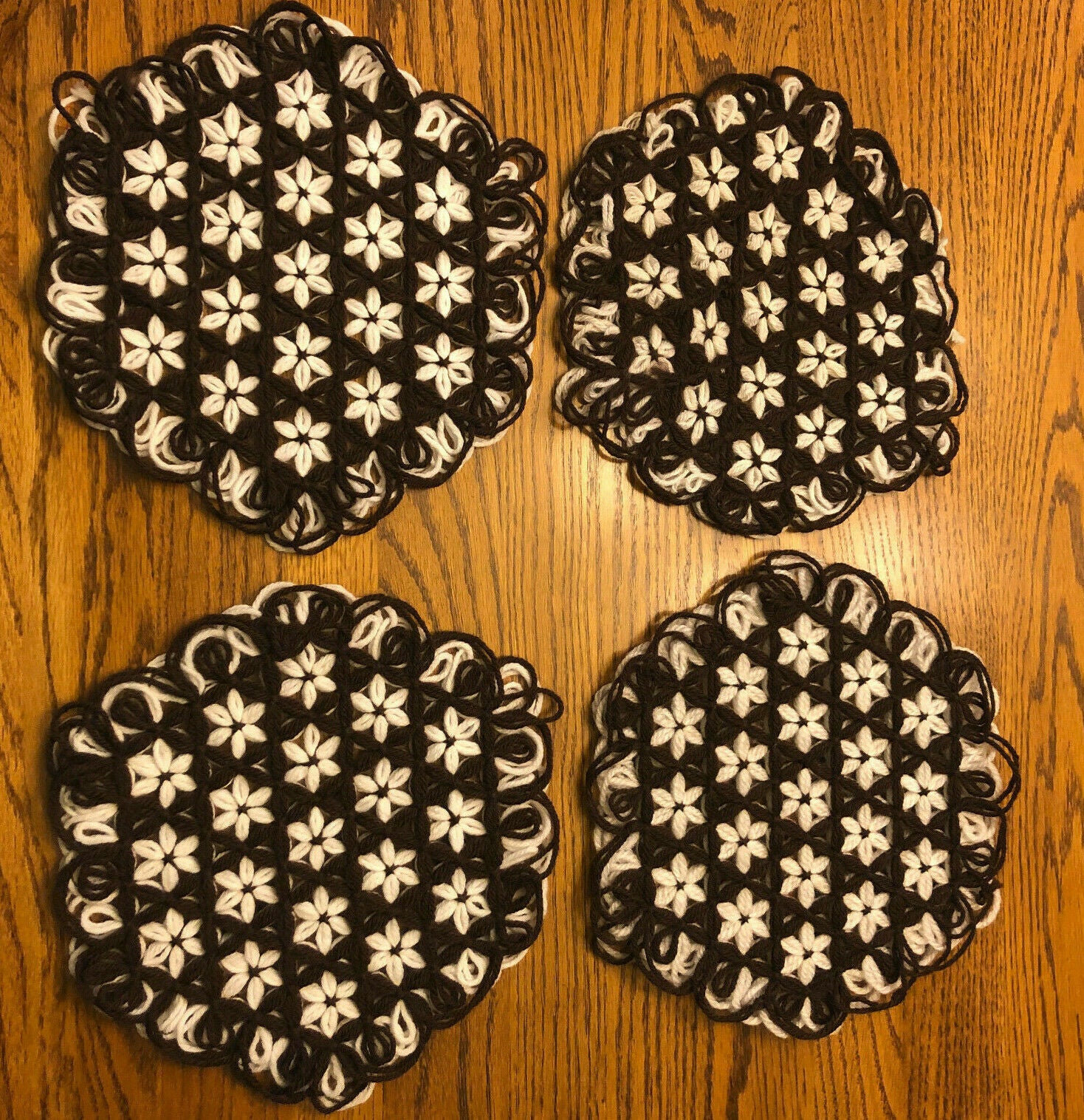 Brown and White Yarn Doilies/Hot Plates Handmade, Set of 4 - Nostalgia 2 Now