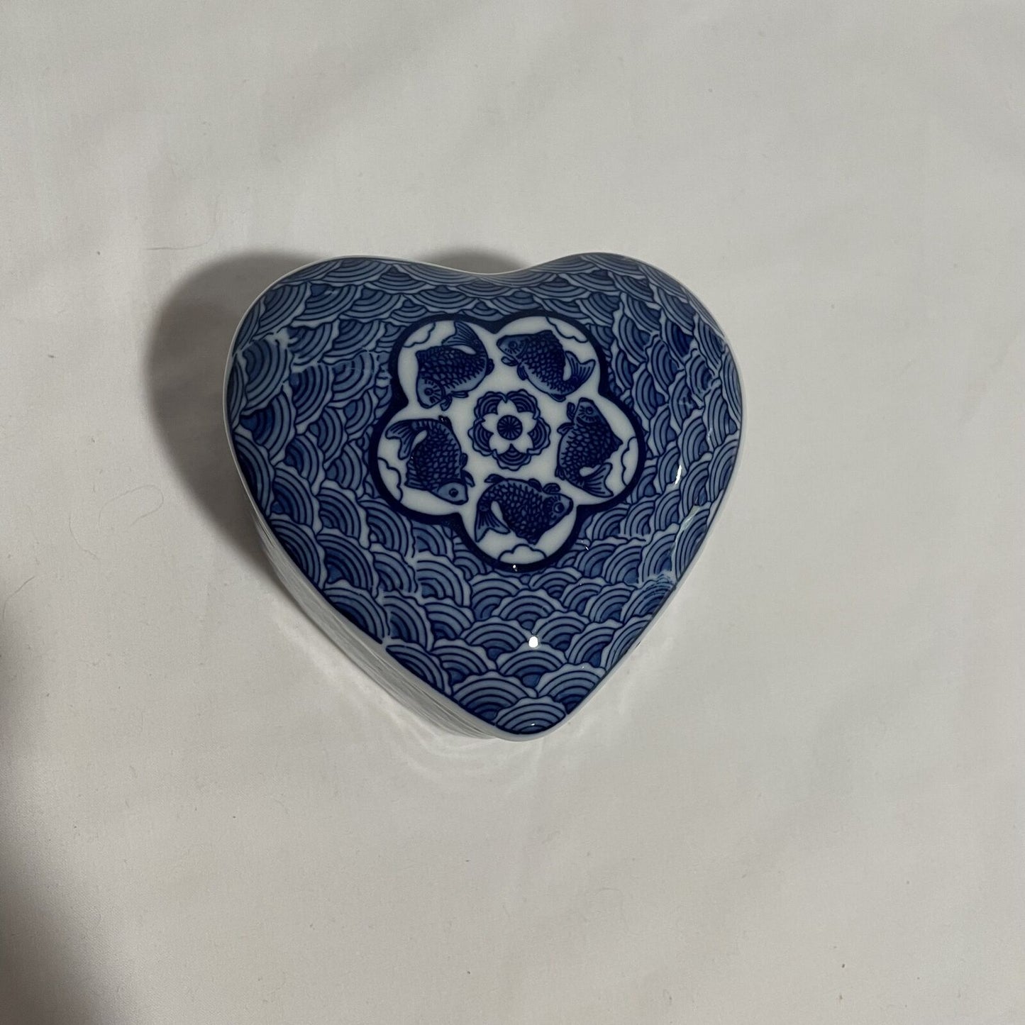 Vintage Cobalt Fish Lidded Heart Trinket Box Japan - Nostalgia 2 Now
