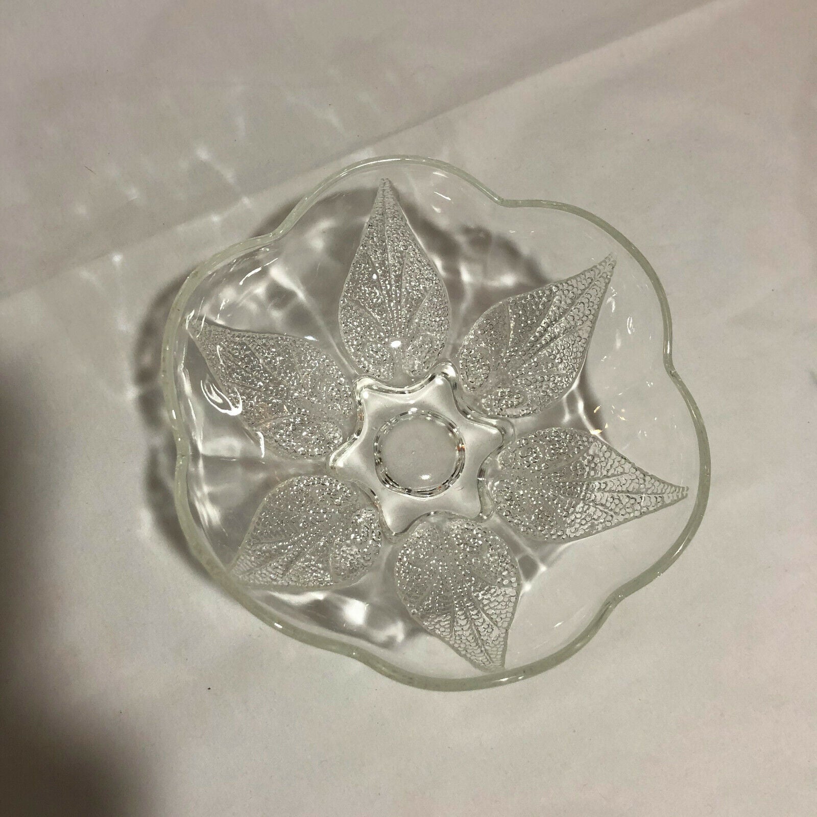 Vintage Clear Glass Candy Bowl With Leaf Design and Scalloped Edges - Nostalgia 2 Now