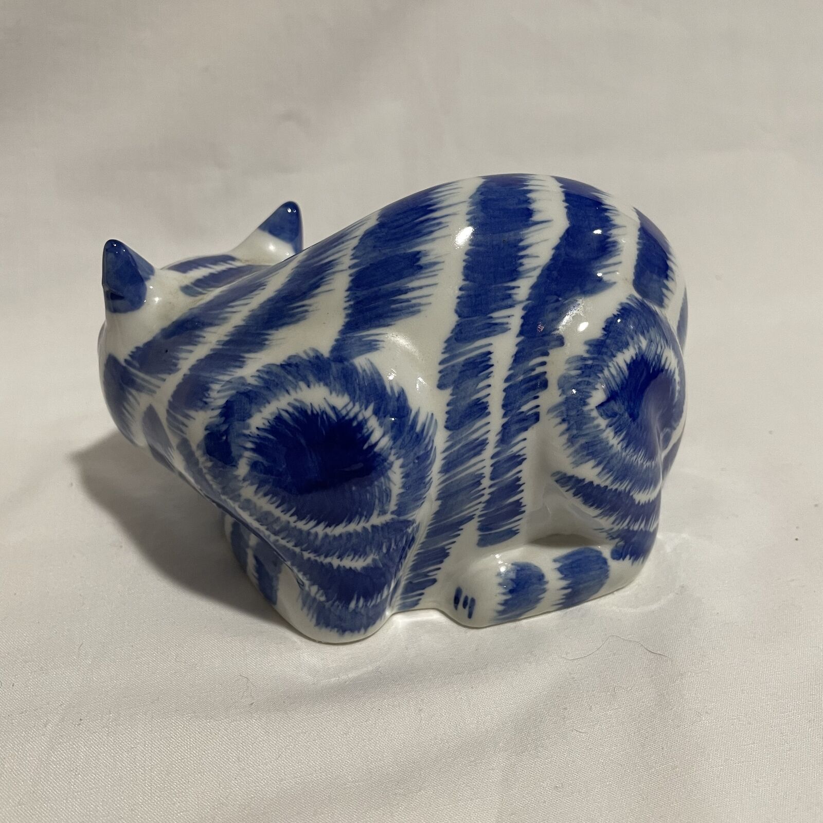 Blue Striped Cat Ceramic Figurine, Cat Sculpture