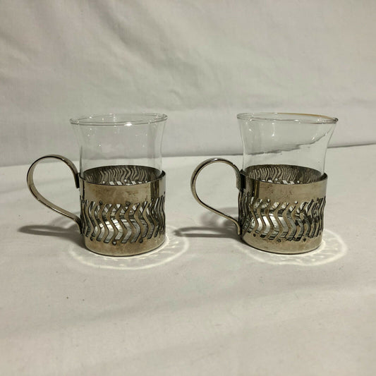 Vintage Silver Plated Demitasse Cups With Geometric Zig Zag Design, Set of 2 - Nostalgia 2 Now