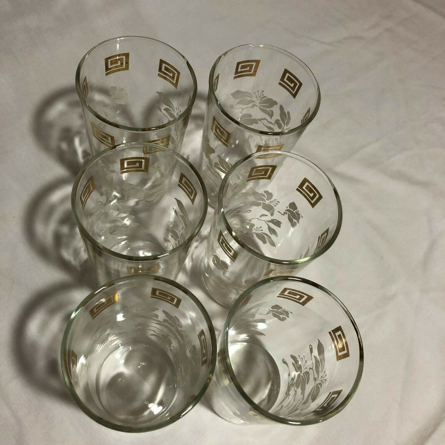 Anchor Hocking WHITE LEAVES & GOLD GRECIAN KEY Tumblers 5" Tall, set of 6 - Nostalgia 2 Now