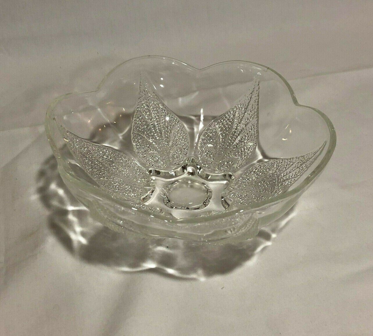 Vintage Clear Glass Candy Bowl With Leaf Design and Scalloped Edges - Nostalgia 2 Now