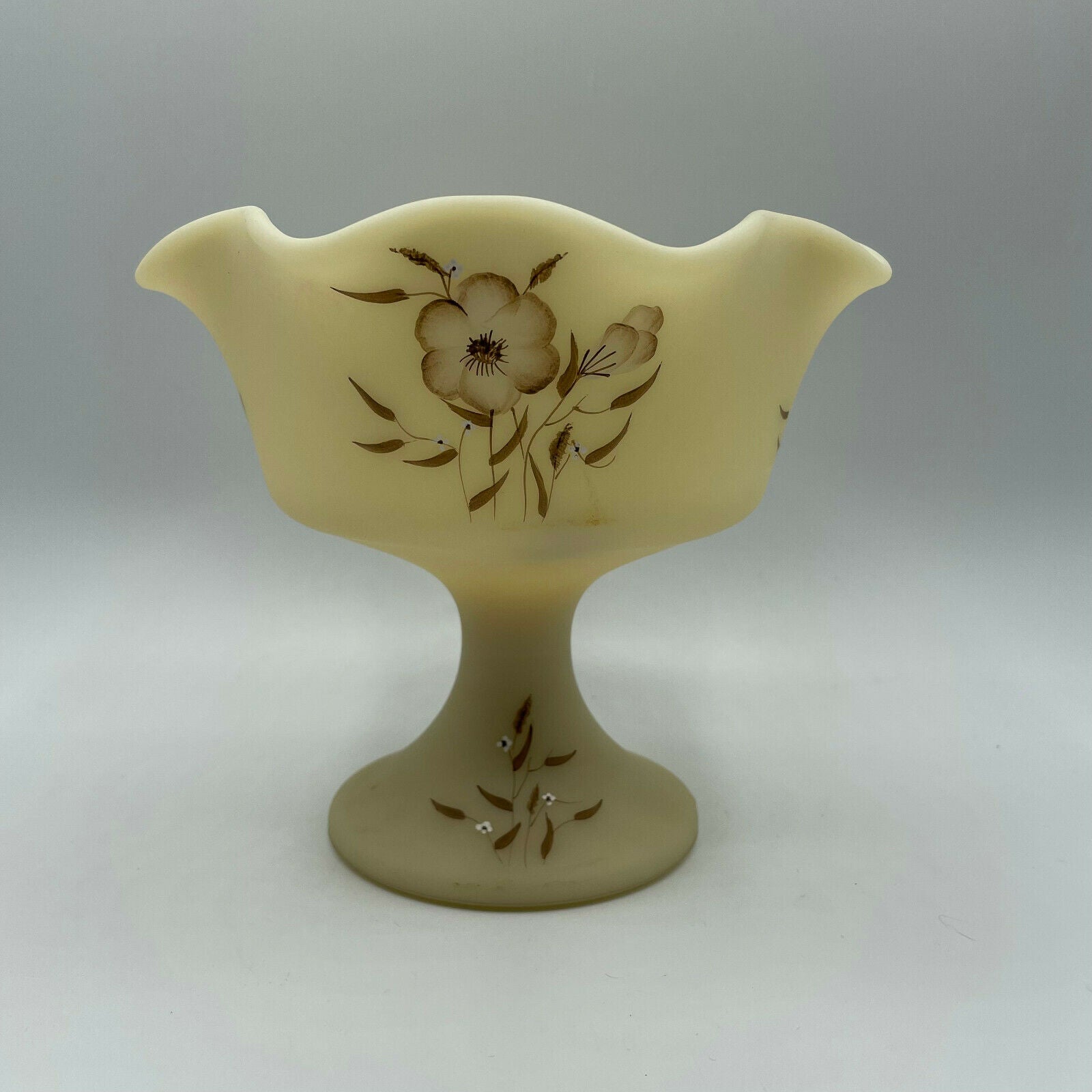 Vintage Fenton Satin Custard Signed Compote Wildflower Design - Nostalgia 2 Now