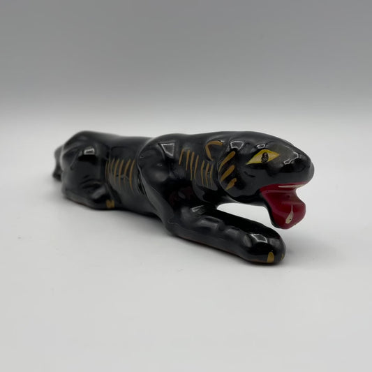 Miniature Redware Black Panther Figurine, Mid-Century Modern, Japan