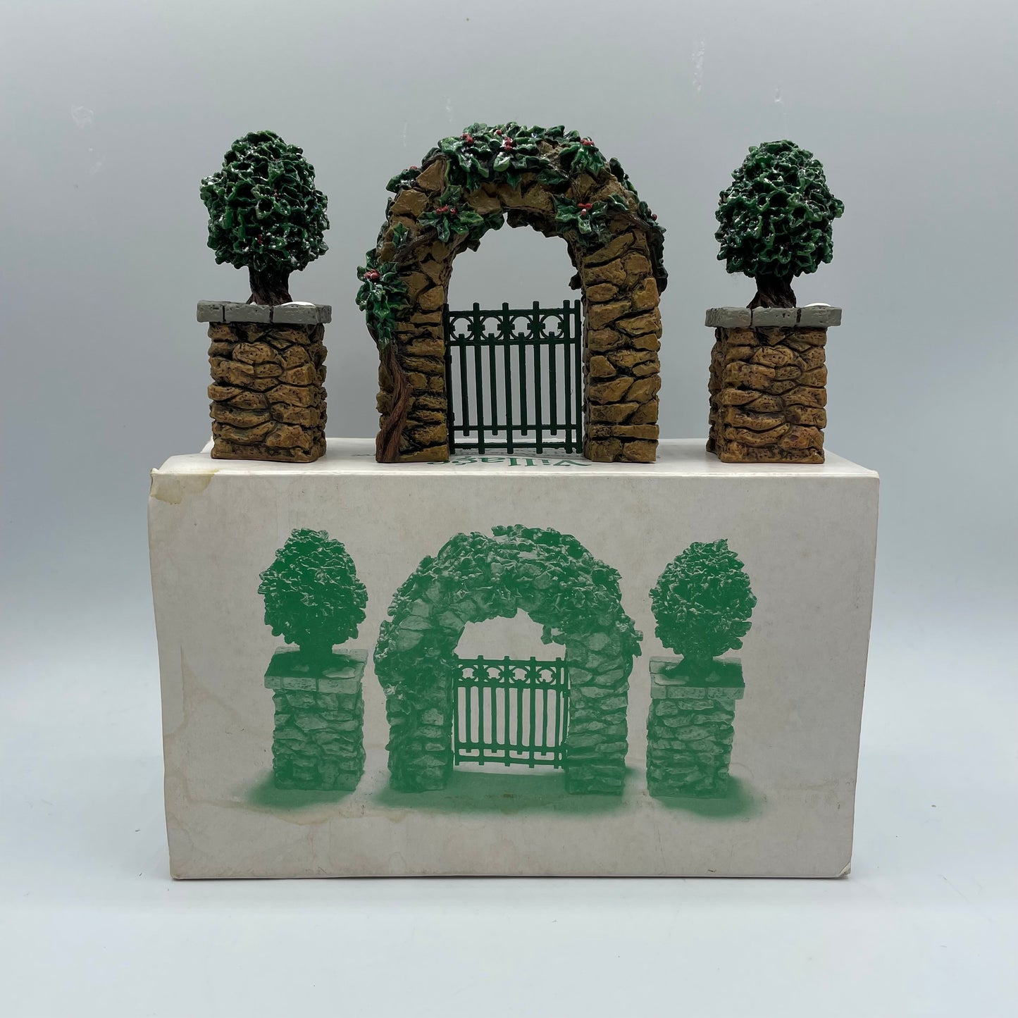 Dept. 56 Stone Corner Posts with Holly Trees and Stone Archway # 52648