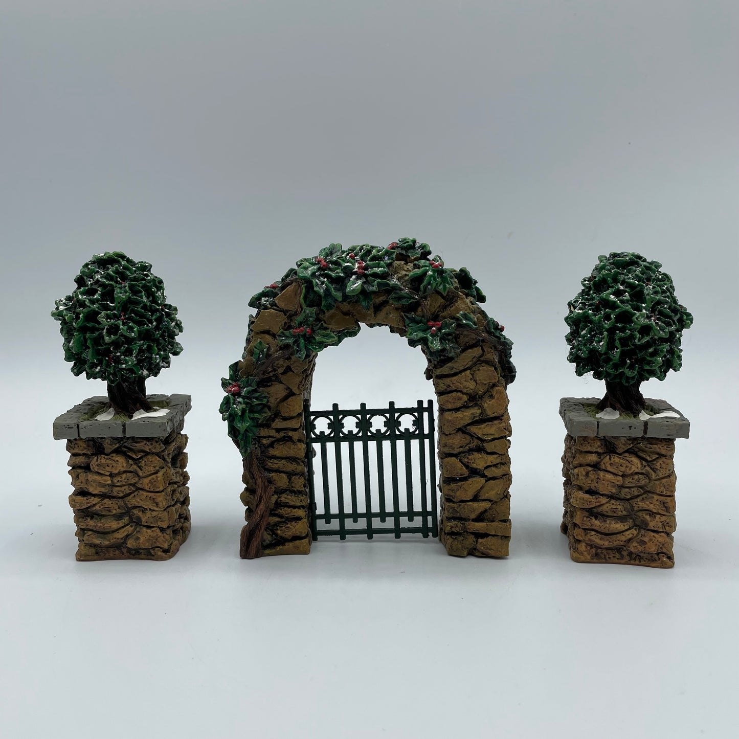 Dept. 56 Stone Corner Posts with Holly Trees and Stone Archway # 52648