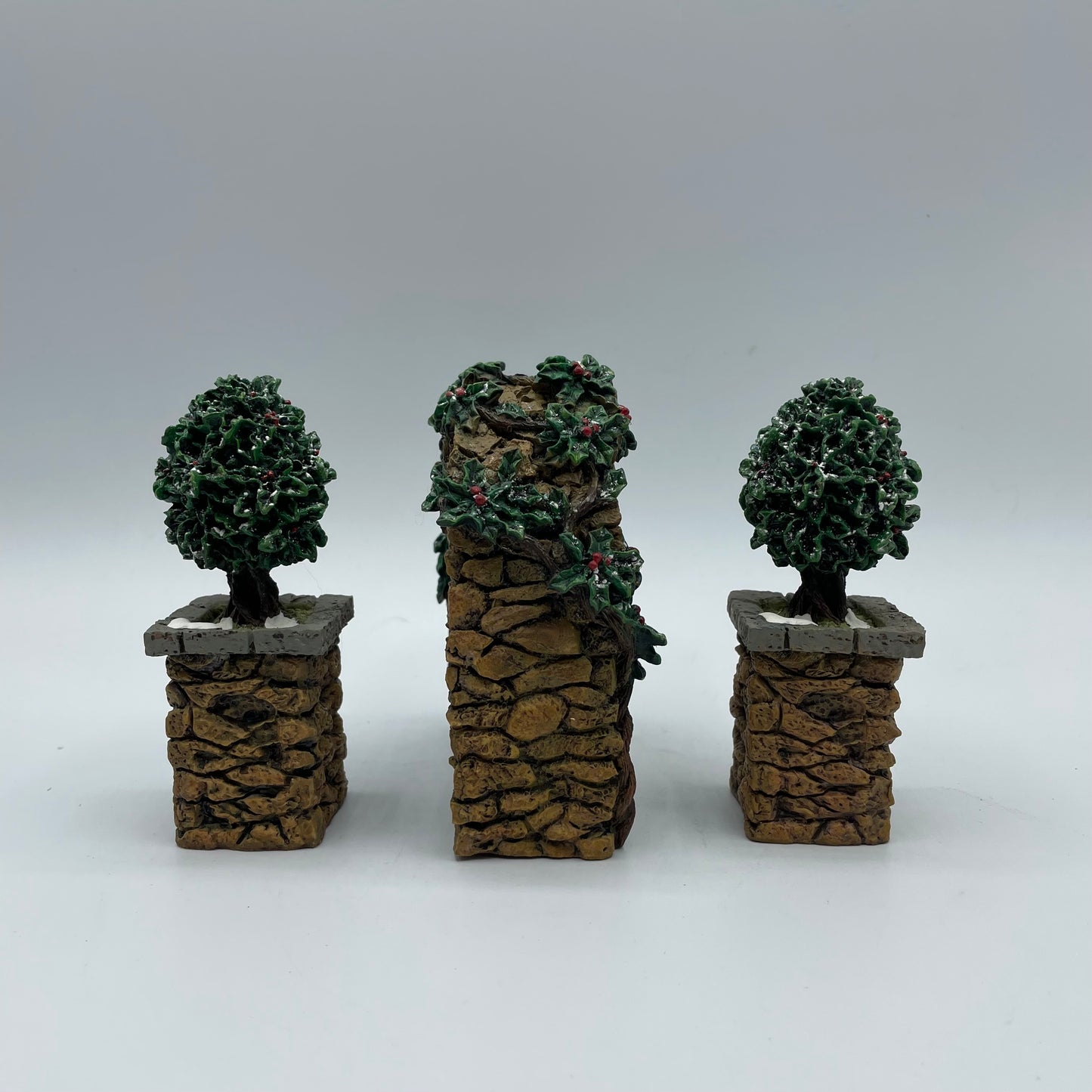 Dept. 56 Stone Corner Posts with Holly Trees and Stone Archway # 52648