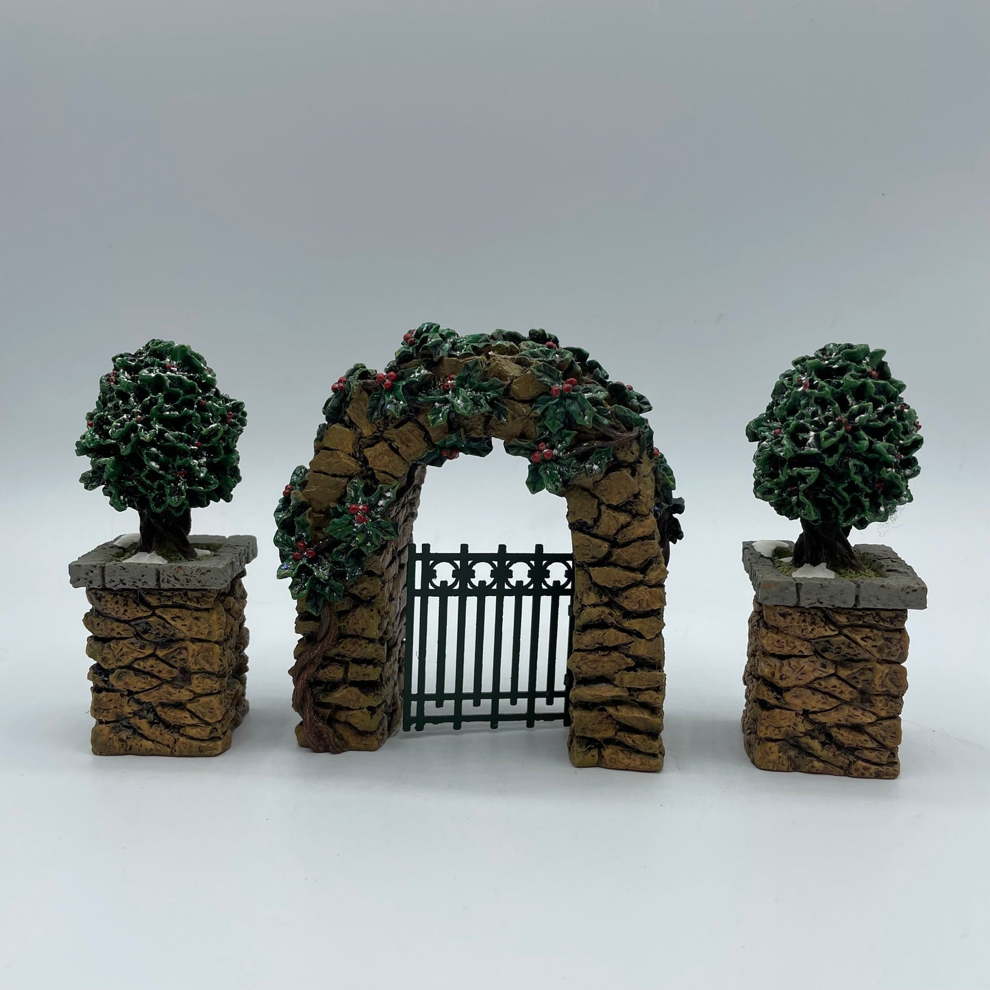 Dept. 56 Stone Corner Posts with Holly Trees and Stone Archway # 52648