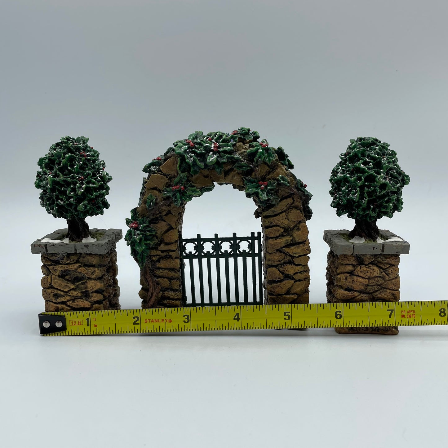 Dept. 56 Stone Corner Posts with Holly Trees and Stone Archway # 52648