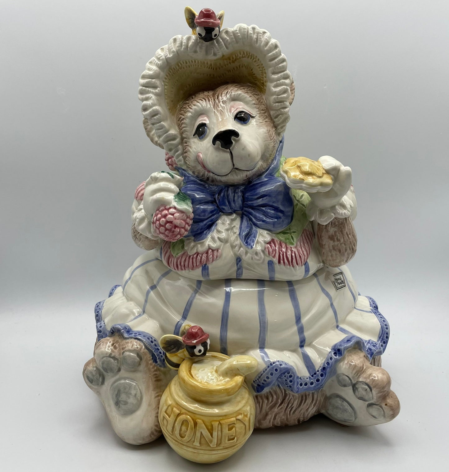Fitz & Floyd Retired 1991 Mama Bear W/Bonnet Cookie Jar Eating Berries and Cookies