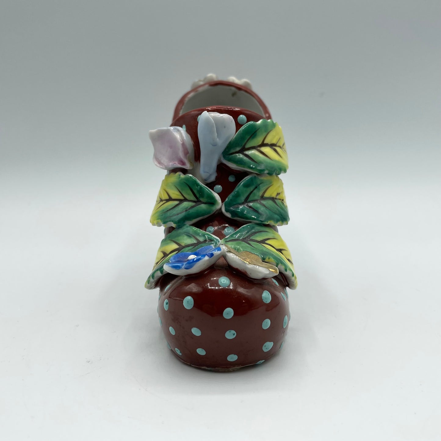 Vintage Ceramic High Heel Shoe Figurine Reddish Brown  Blue Polka Dots & Flowers