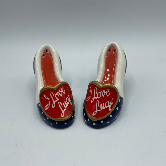 I Love Lucy Ceramic Shoes Salt & Pepper Shaker Set-Blue, Red, White Polka Dots