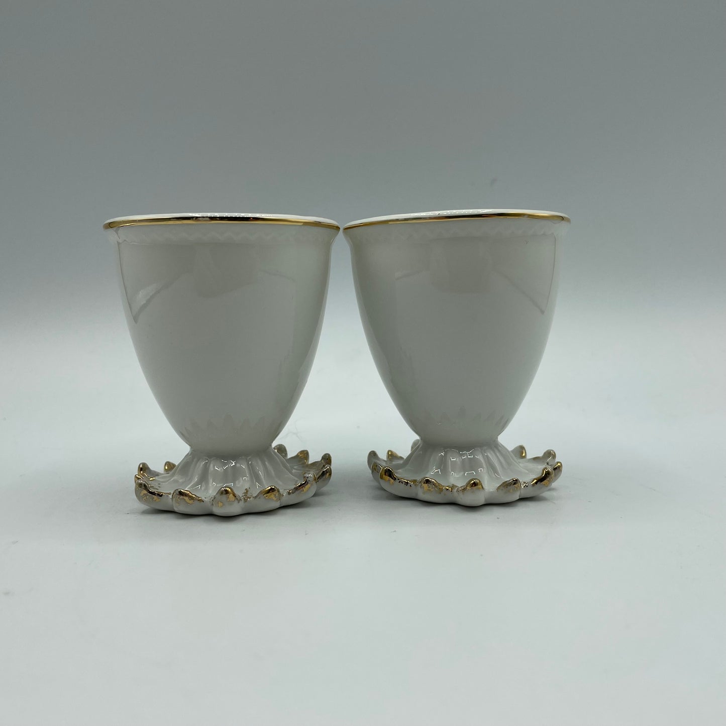 Fancy Egg Cups Ceramic, White With Gold Accents, Vintage, Set of 2