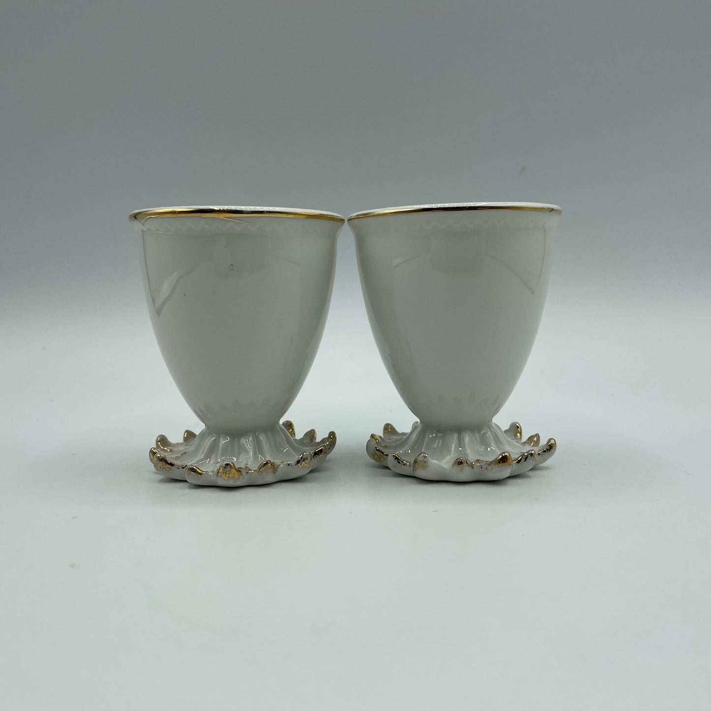 Fancy Egg Cups Ceramic, White With Gold Accents, Vintage, Set of 2