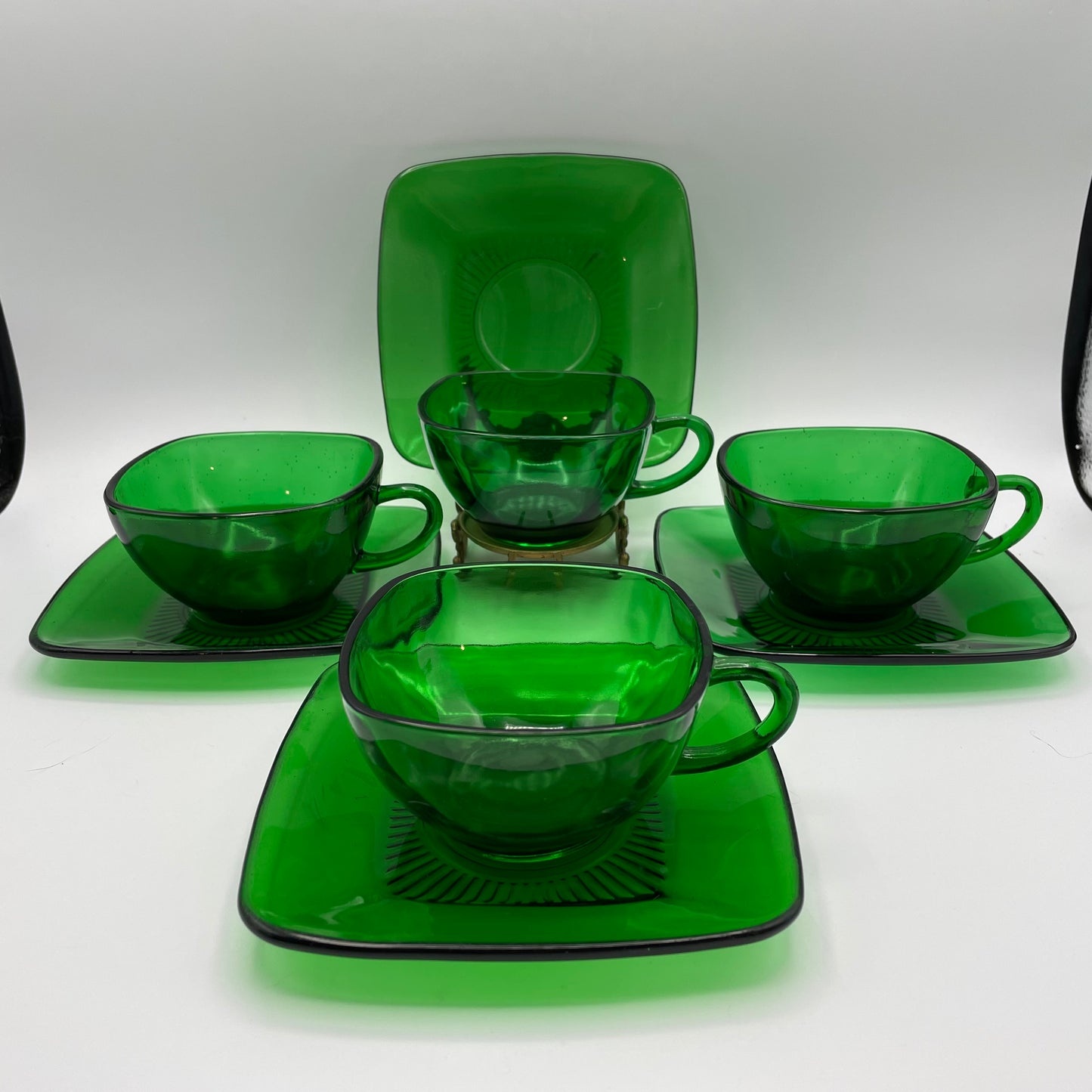 Anchor Hocking Green Charm Cups and Saucers, Set of 4