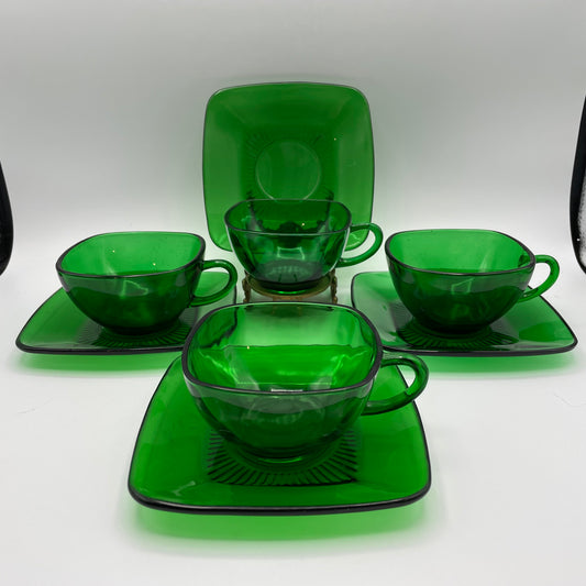 Anchor Hocking Green Charm Cups and Saucers, Set of 4