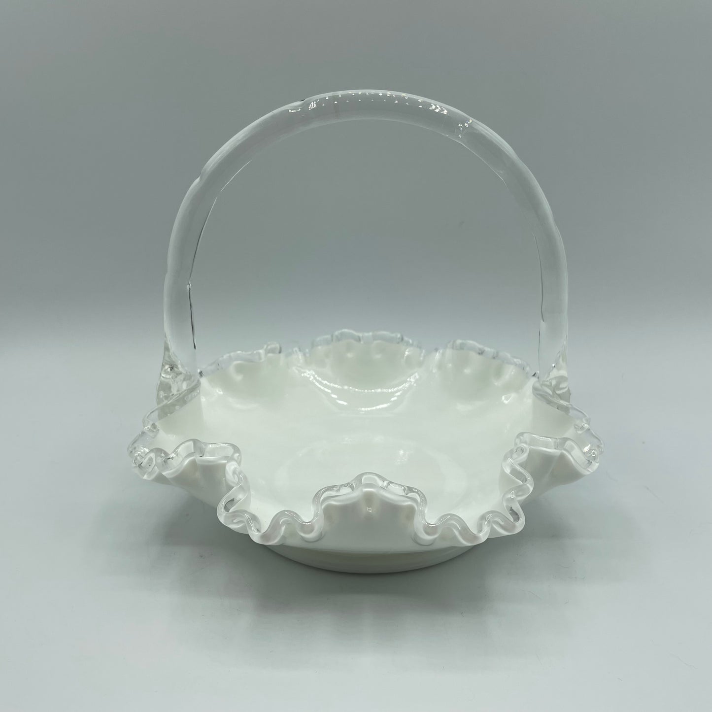 Fenton Silver Crest Ruffled Rim Basket w/Handle White Milk Glass