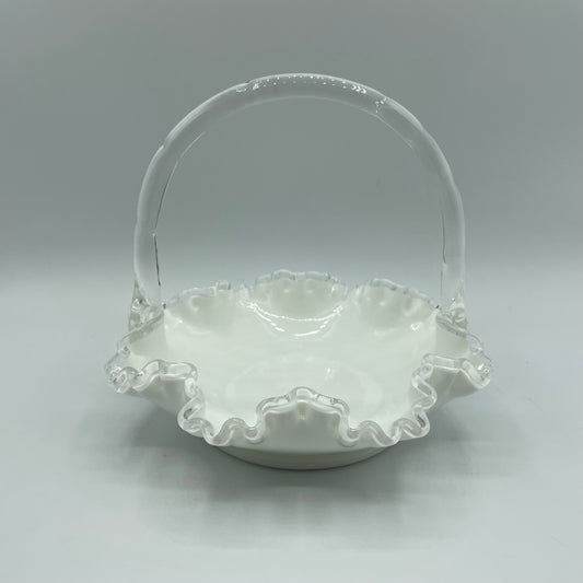 Fenton Silver Crest Ruffled Rim Basket w/Handle White Milk Glass