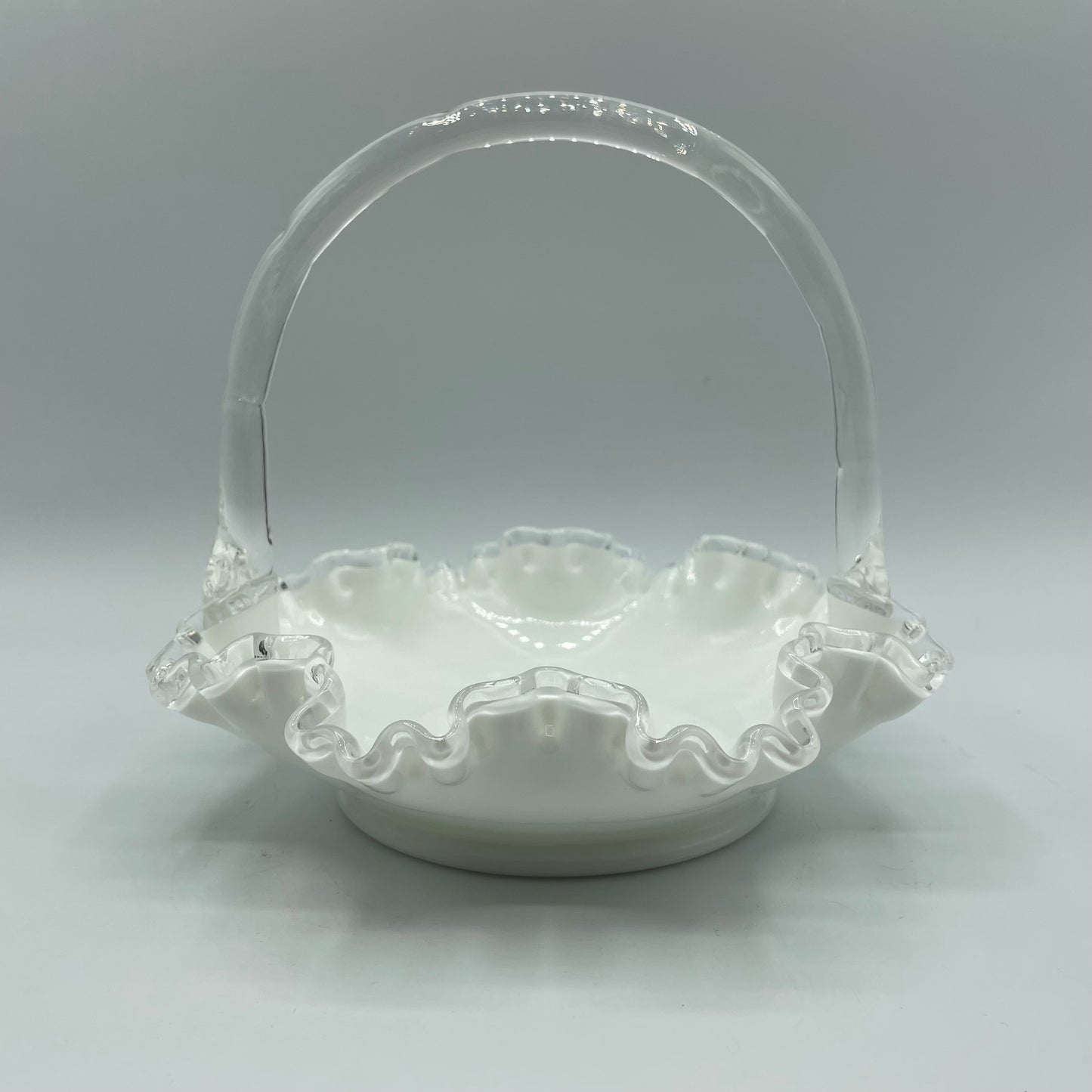 Fenton Silver Crest Ruffled Rim Basket w/Handle White Milk Glass