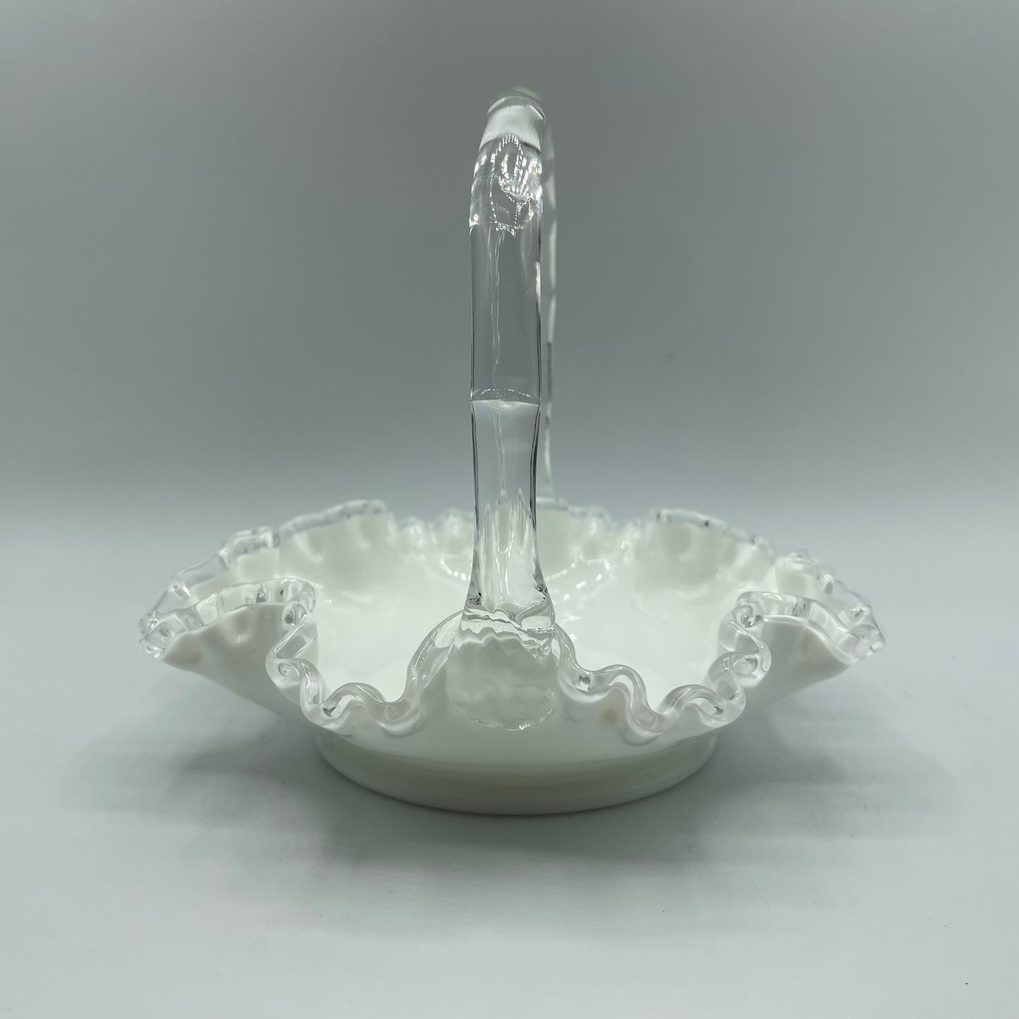 Fenton Silver Crest Ruffled Rim Basket w/Handle White Milk Glass