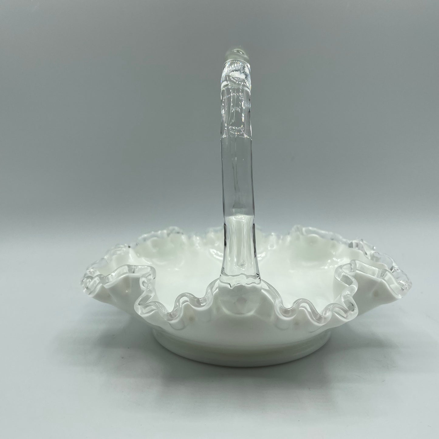Fenton Silver Crest Ruffled Rim Basket w/Handle White Milk Glass