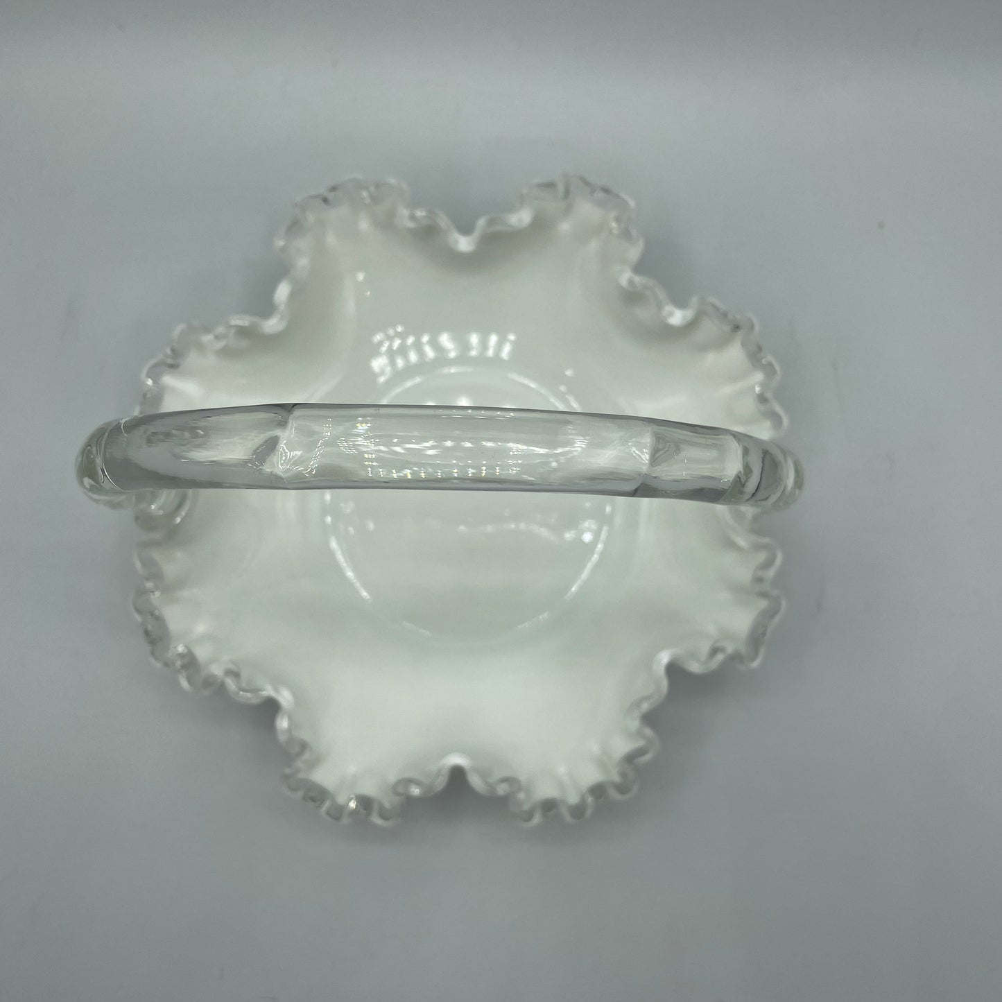 Fenton Silver Crest Ruffled Rim Basket w/Handle White Milk Glass