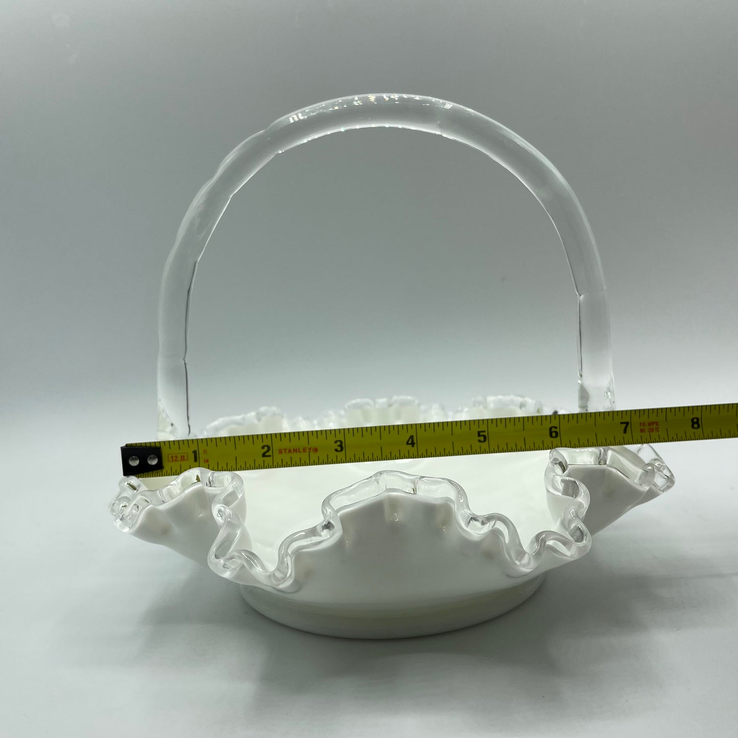 Fenton Silver Crest Ruffled Rim Basket w/Handle White Milk Glass
