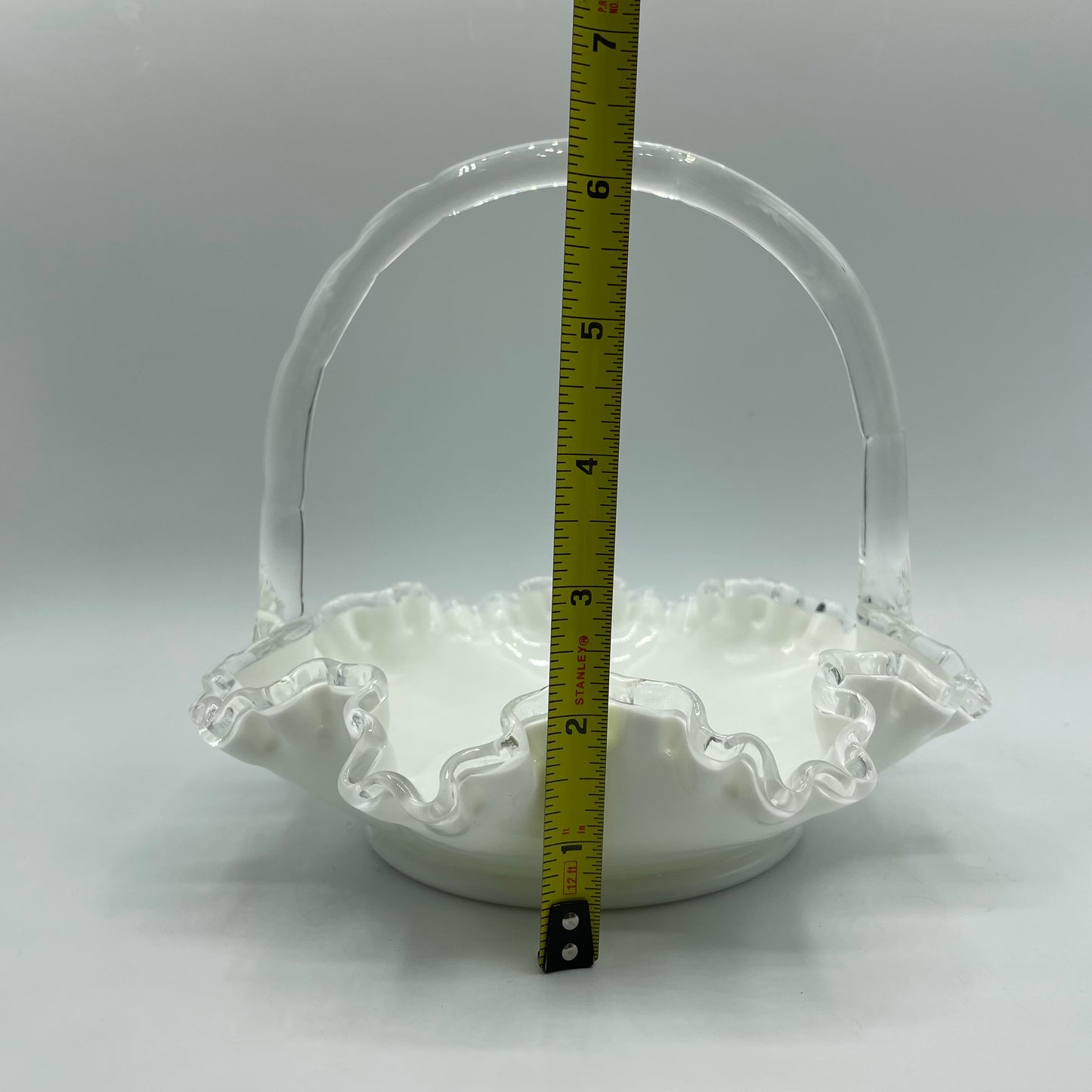 Fenton Silver Crest Ruffled Rim Basket w/Handle White Milk Glass