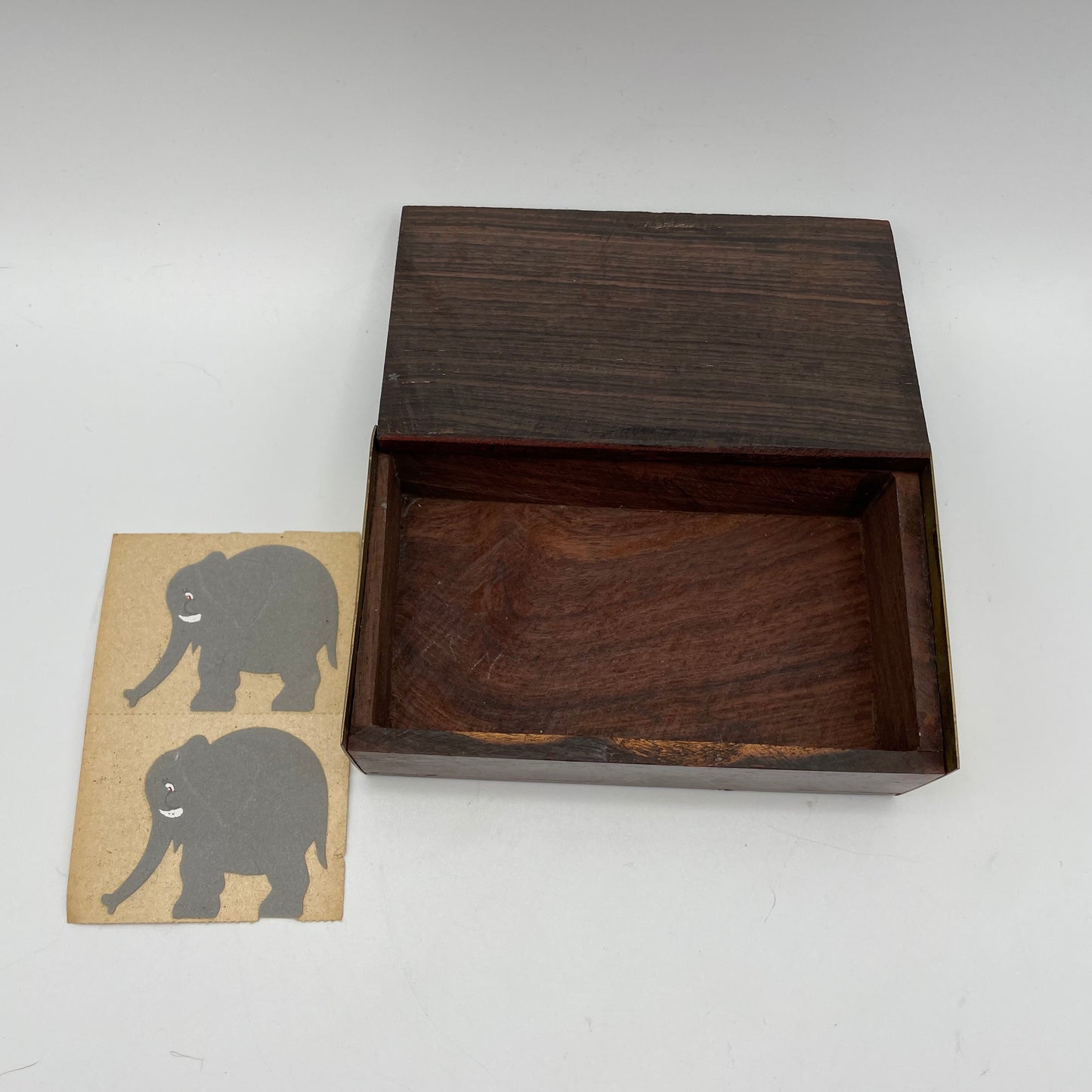 Wooden Trinket Box With Inlaid Brass Elephants